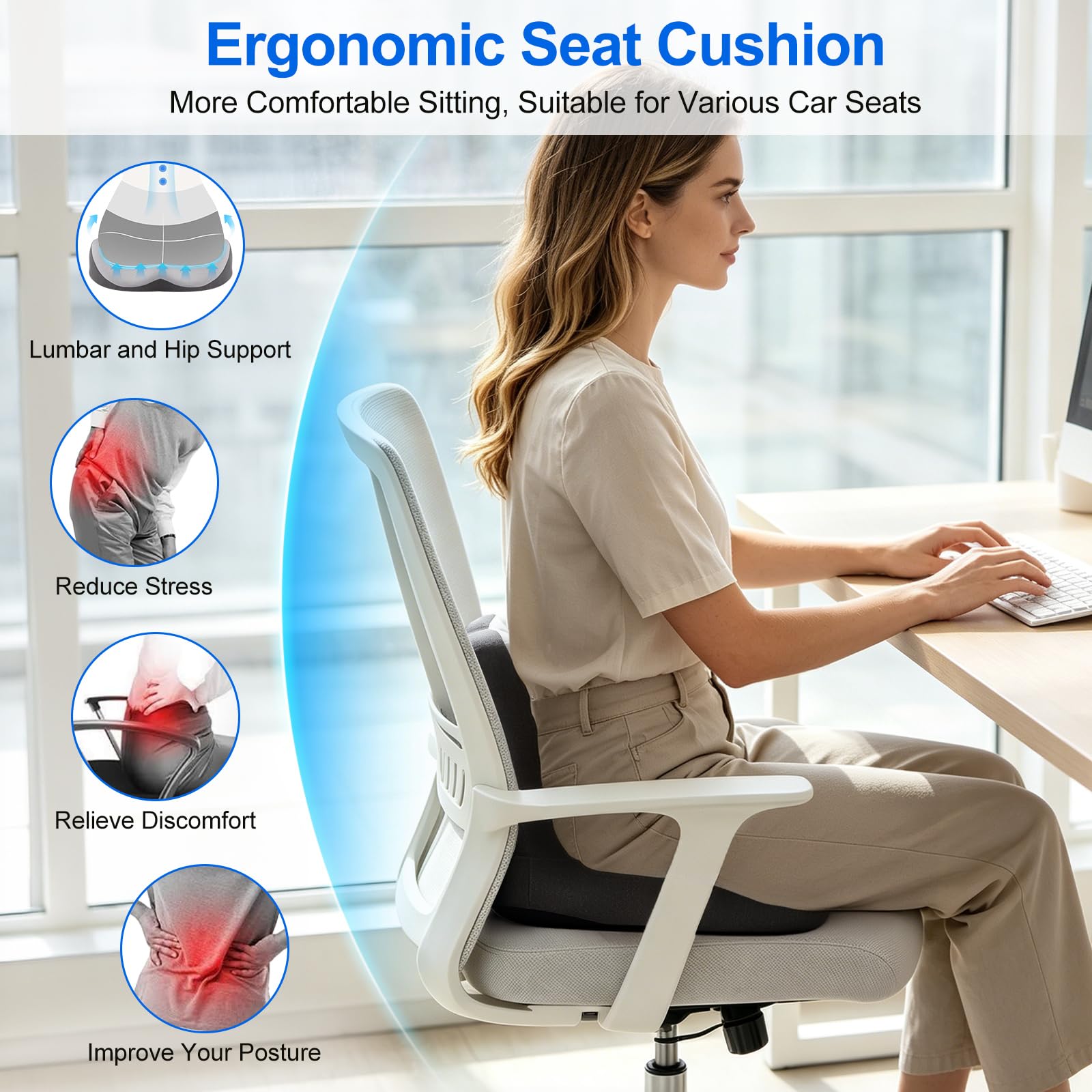 Cojín ortopédico con respaldo de espuma viscoelástica, cojín ergonómico de apoyo para la espalda, cojín para coxis con cavidad para silla de oficina, asiento de coche y silla de ruedas