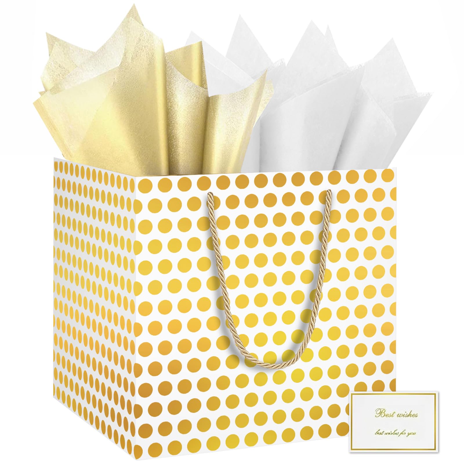 HONTIUS Square Gift Bag, 11.8'' Extra Large Gift Bags Bag with Reinforced Base Tissue Paper Card, Foil Polka Dot Present Bag for Birthday Wedding Baby Shower Bridesmaid Christmas Easter Halloween E