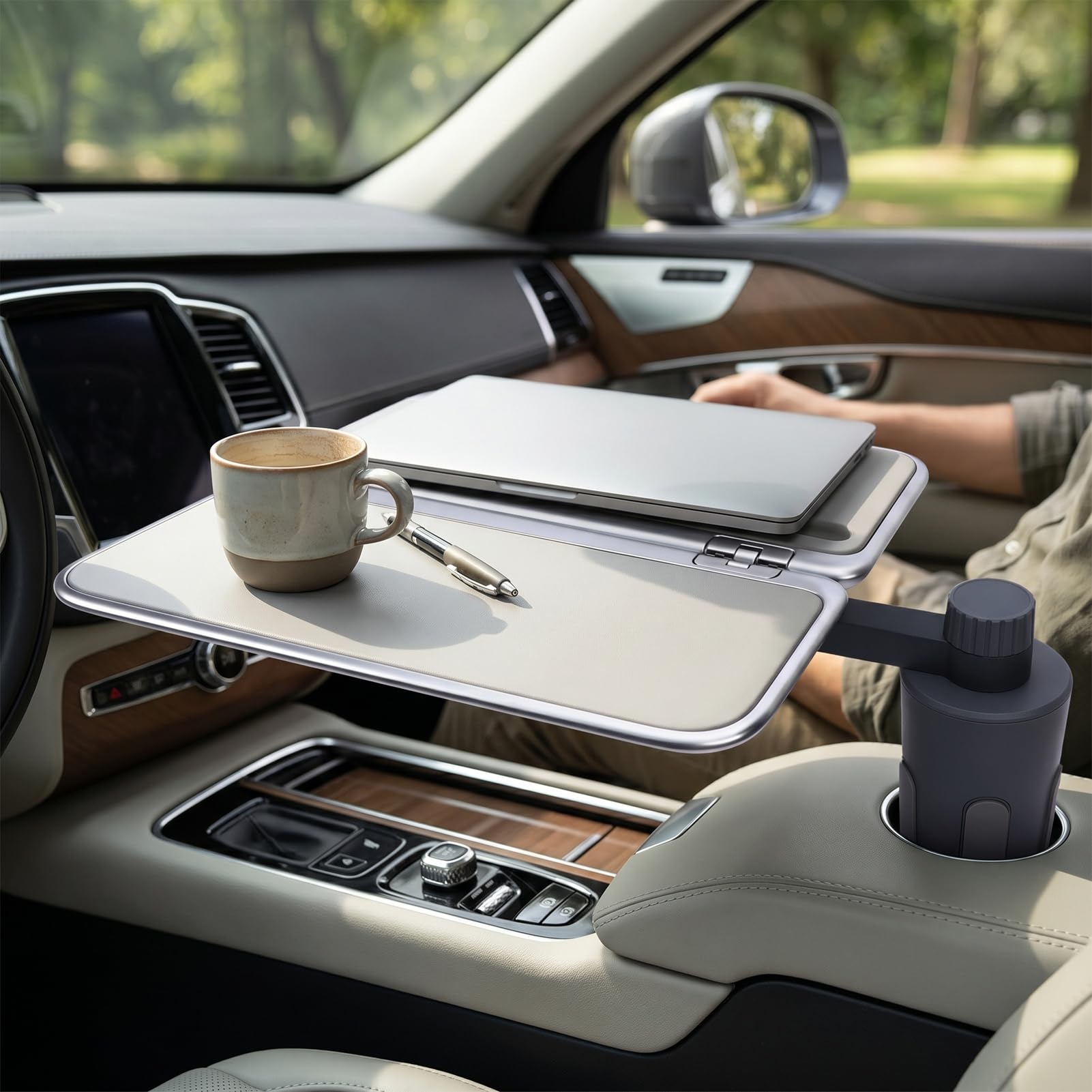 Ausla Auto-Getränkehalter-Tablett, Faltbar, Auto-Essenstablett mit Getränkehalter, 360° Drehbarer -Schreibtisch und Telefonständer für Optimalen Komfort