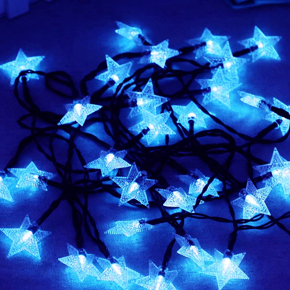 Guirnalda de luces de estrella, 5 m, 50 LED, para interiores, guirnalda de luces parpadeantes con batería (azul)