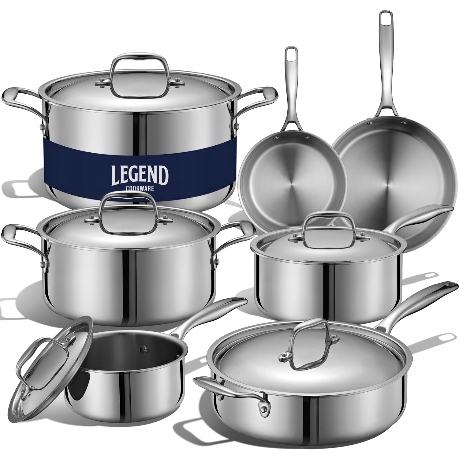 LEGEND COOKWARE Stainless Steel Cookware Set | 5 Ply 12-Piece Pot and Pan Set Induction Compatible, Non-Toxic | Best Heavy Duty 18/8 Full Clad Construction | Oven Safe Even Heating PFOA PTFE PFOS Free