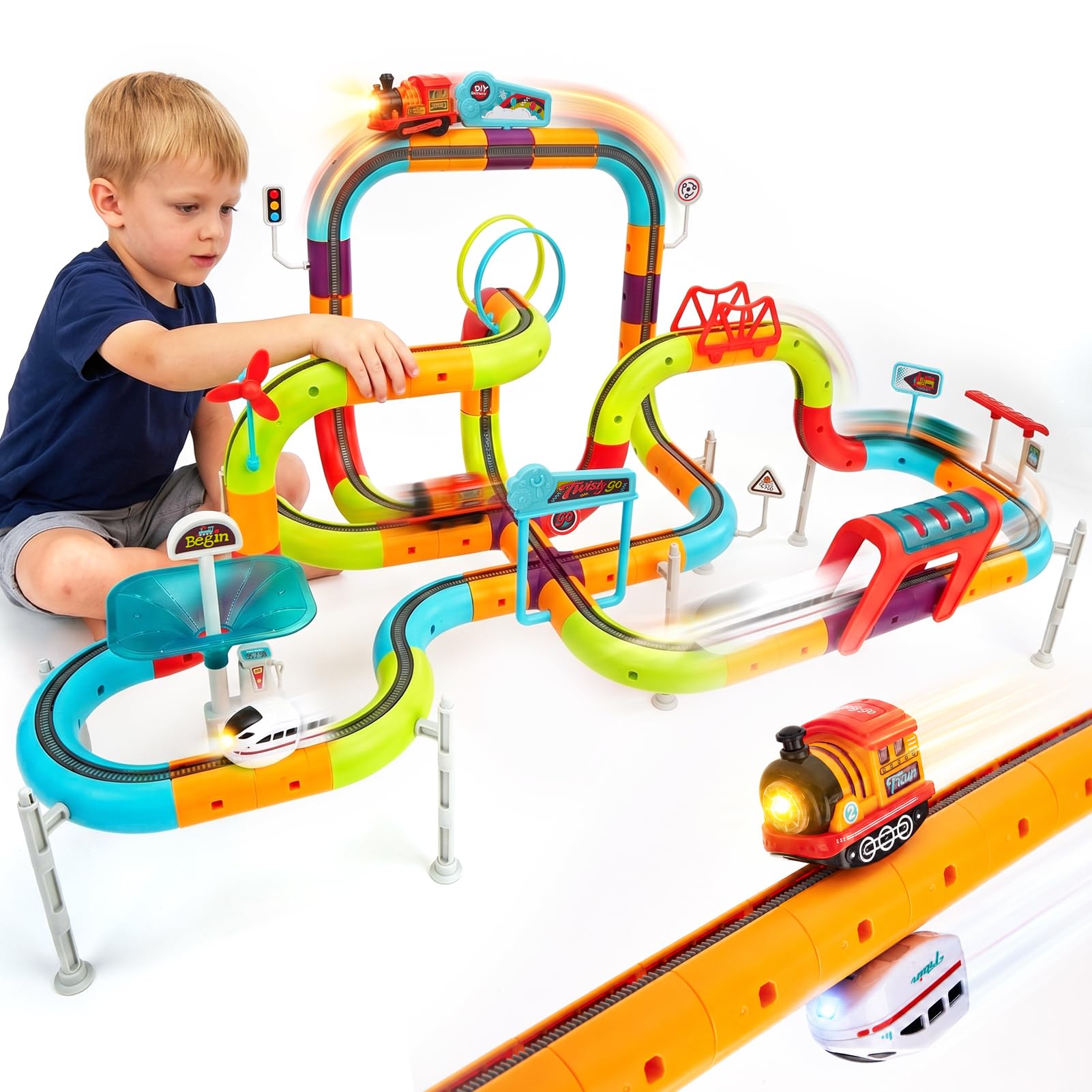 hahaland Train Électrique Enfant 3-8 Ans, 3D Circuit&2 Trains, 115 Pièces | Circuit Train Enfant, Anti-Gravité Train Enfant DIY à Assembler, Jouet Construction STEM Cadeau Garçon Fille 3 4 5 6 7 8 Ans