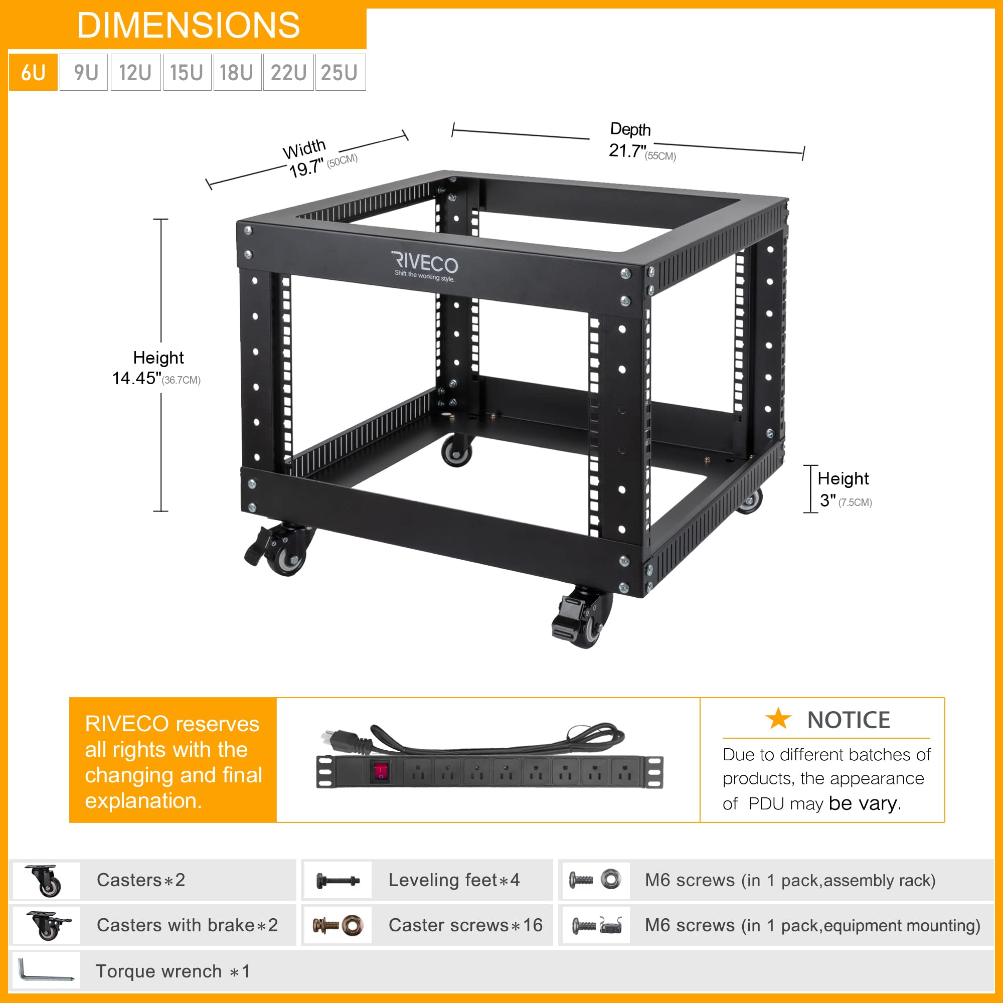 RIVECO 6U Server Rack with Wheels Open Frame Networking
