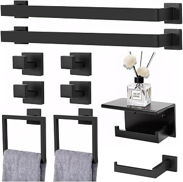 10 Pieces Matte Black Bathroom Accessories Set, 23.6 Inch Towel Racks for Bathroom Wall Mounted, Stainless Steel Bath Towel Bar Set, Bathroom Hardware Accessories for Kitchen & Bath