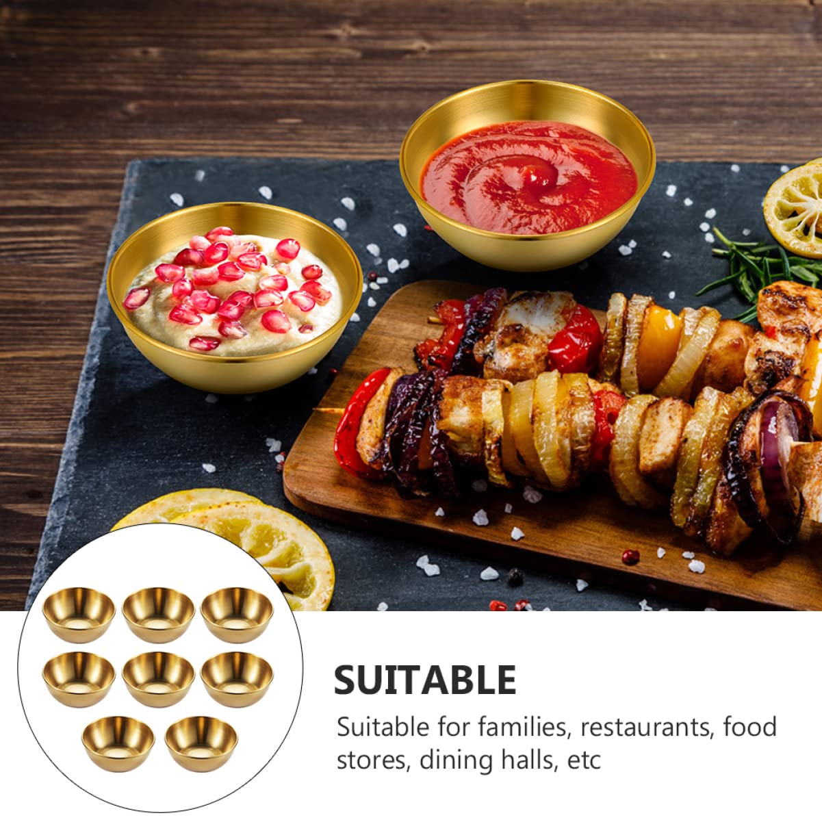 GRIRIW 1 Set 8pcs Dish Seasoning Dipping Sauce Stainless Sauce Cup Sauce Dip Bowls Round Serving Platter Sauce Plate Mini Bowls Dip Dishes Creative Dipping Bowls Golden Stainless Steel
