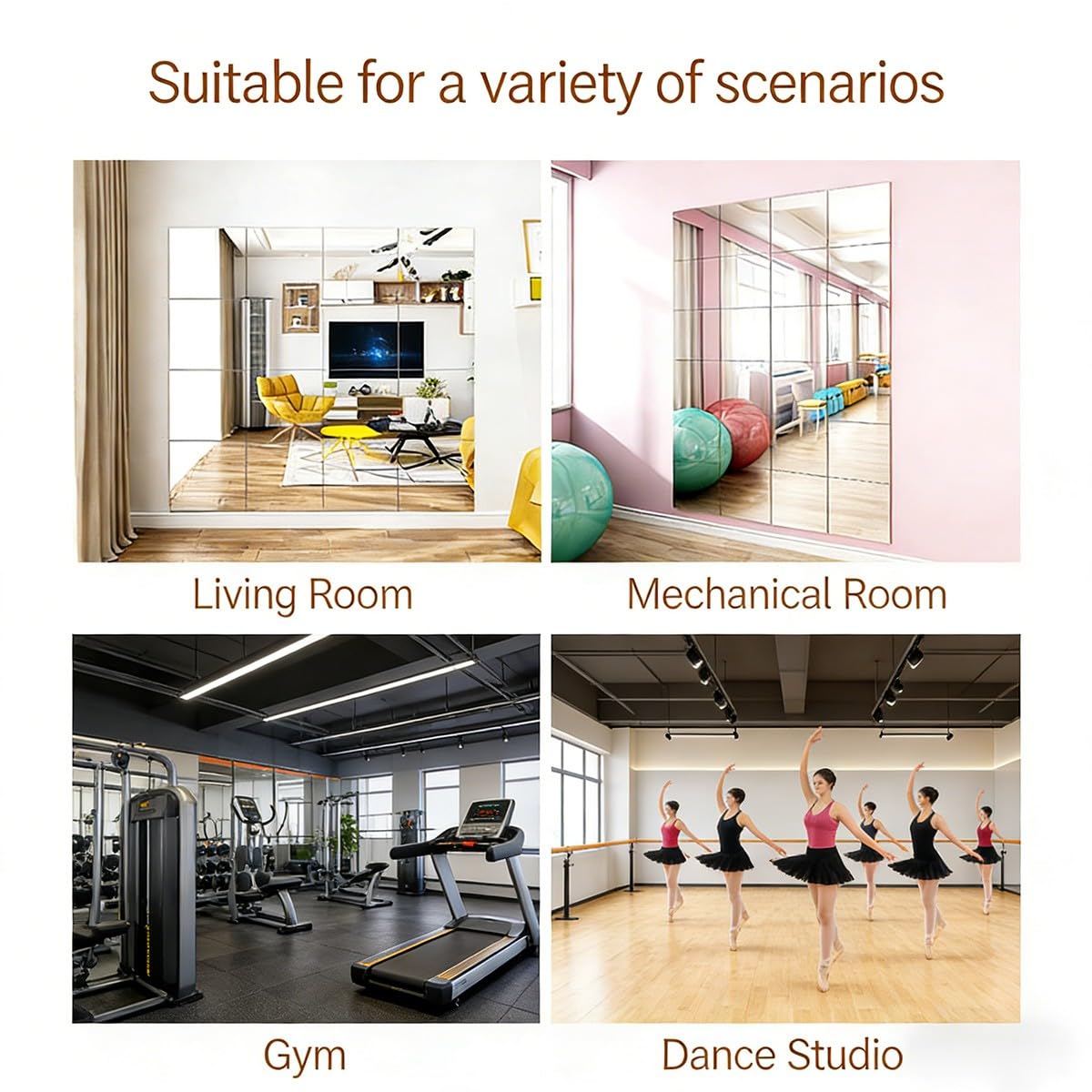 Gimnasio Espejo de Pie Cuerpo Entero 4 Piezas Espejos Grandes de Pared sin Marco con Adhesivo para Gimnasio Garaje Yoga Estudio de Baile y Dormitorio 36x36cm