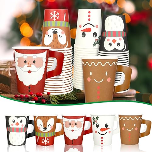 Miniatura 6 de Zhehao 100 Pcs Christmas Paper Cups with Handles 9oz Disposable Santa Claus Snowman Coffee Drinking Hot Chocolate Cup Winter Xmas Festive Holiday