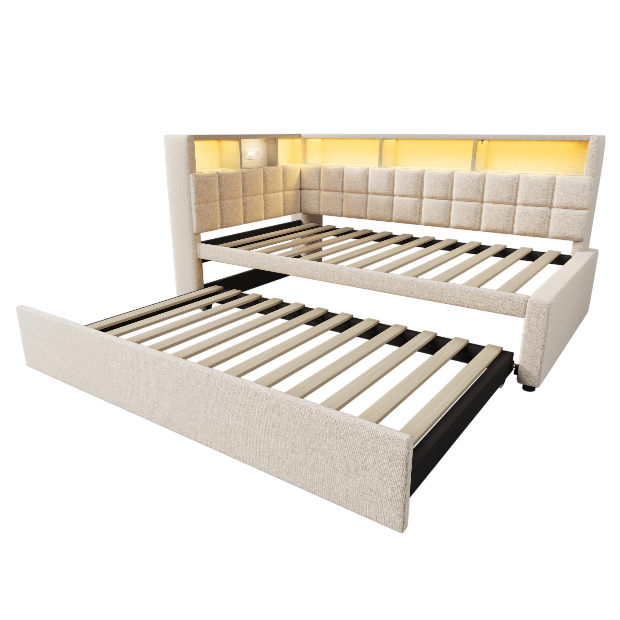 Letto imbottito in lino, 90 x 200 cm, con letto estraibile 90 x 190 cm, LED, altoparlante Bluetooth, porta di ricarica USB e tipo C, testiera a L con scaffalatura, divano letto/letto degli ospiti