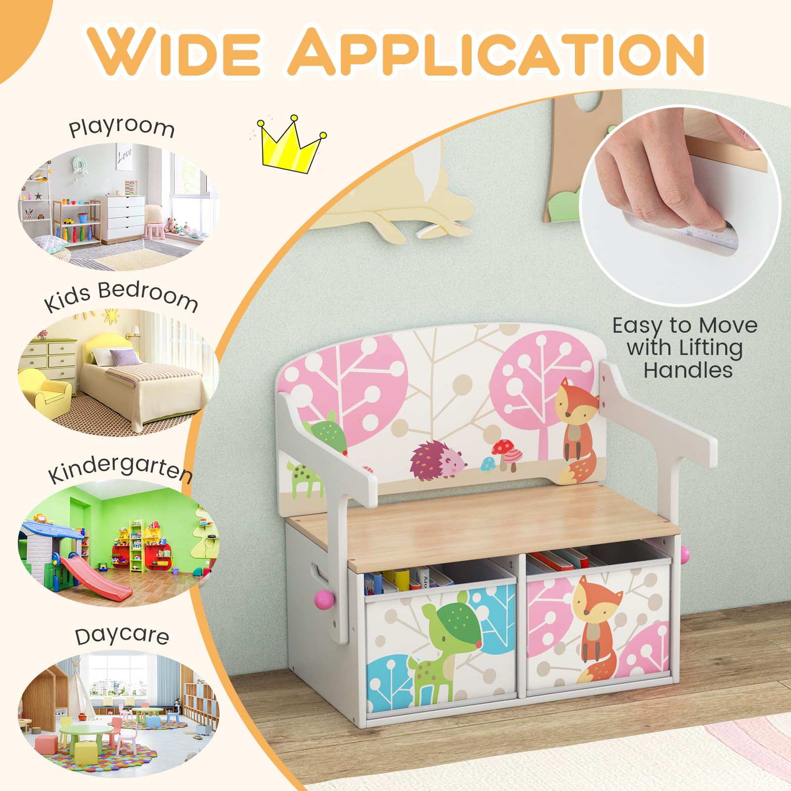 FANTASK 3 in 1 Kinderbank, Kinder Tisch Stuhl Set mit 2 Stoffboxen, Kindersitzgruppe mit Stauraum & Armlehenen für Kinderzimmer (Weiß)