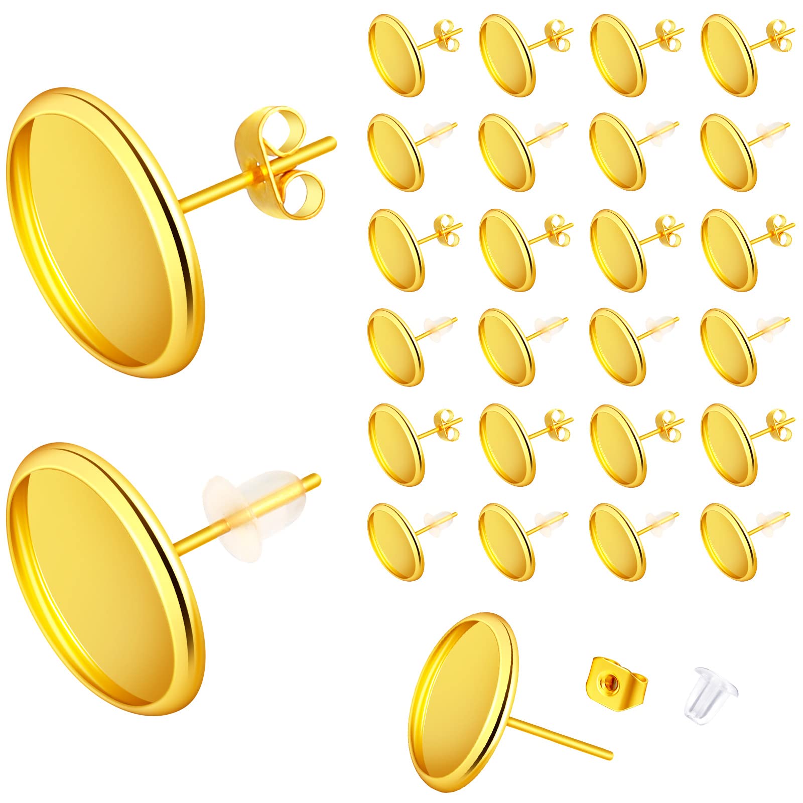Hicarer 300 Pcs Stud Earring Kit Include 100 pcs 12 mm Stainless Steel Blank Stud Valentines Gifts Earring Bezel Settings Rubber Stainless Steel Back(