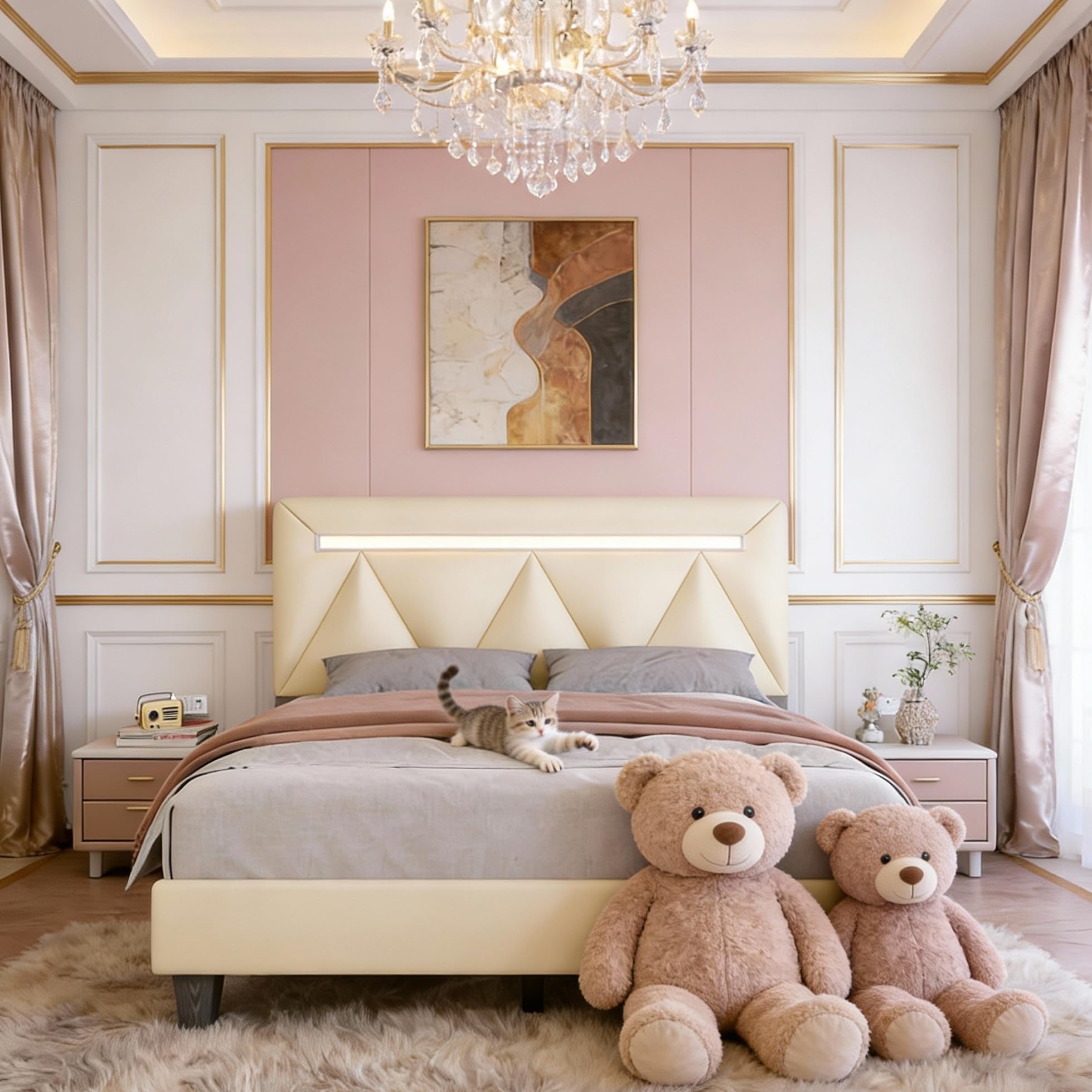 Holiway Full Size Bed Frame with Bluetooth Speaker, LED Lights and Charging Station, Faux Leather Linen Fabric Adjustable Headboard,Modern Upholstered