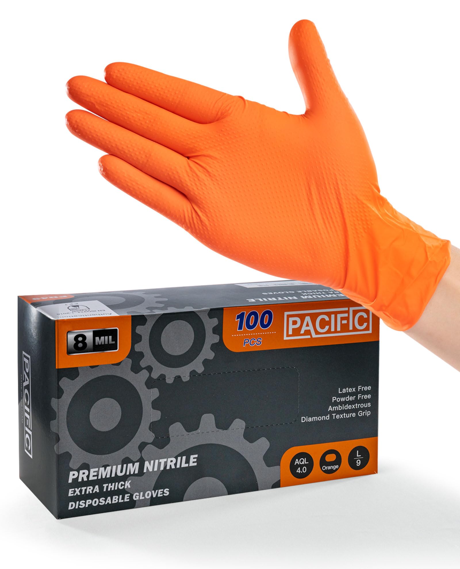 PACIFIC 8-mil Guantes Desechables de Nitrilo Naranja, Heavy-Duty, Industrial, Mecánico, Con Textura de Diamante, Sin Látex, Sin Polvo, EN 374, M/8