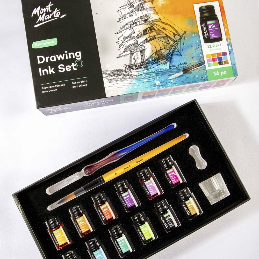 Mont Marte Kit d'encre à dessin Signature 16 pièces, comprend 12 couleurs d'encre de 7 ml, stylo trempette pour verre, pinceau, repose-stylo, puits d'encre, idéal pour l'illustration, la calligraphie,