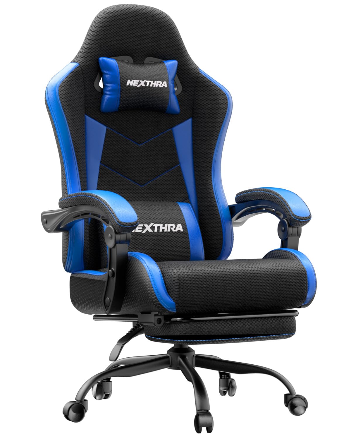 Nexthra Gaming Stuhl Bürostuhl Gaming Sessel mit höhenverstellbaren Linkage-Armlehnen, ergonomischer Gamer Stuhl mit Fußstütze, gepolstert Gaming Chair 150° neigbar bis 180 kg, Blau