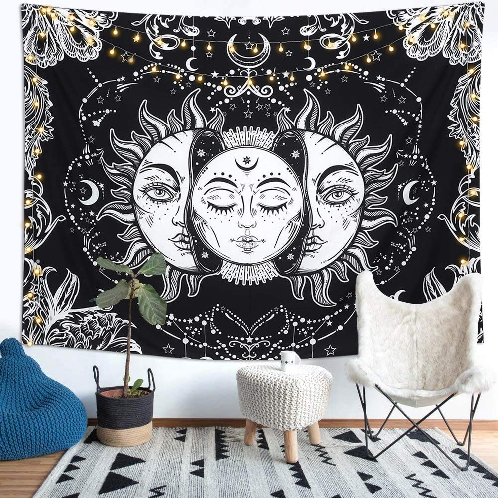 Tapestry Tarot Sun Wall Hanging Cotton Wall Hanging Tapestry Wall Hanging (Black, 84X54 Inches)