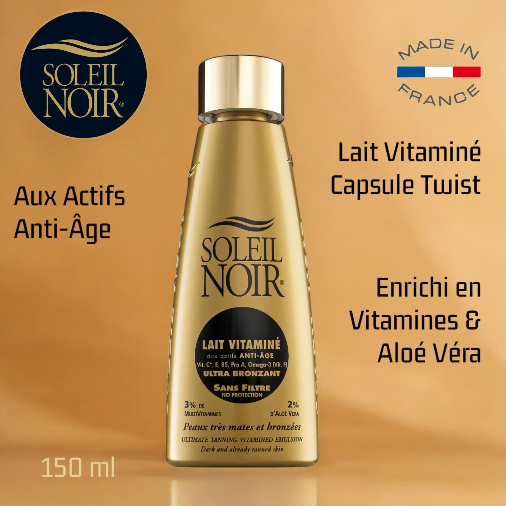 Soleil Noir - Lait Corps Vitaminé Sans Filtre Ultra Bronzant - Peaux Très Mates et Bronzées - Actifs Anti-Âge et Vitamines - Fabrication Française - Flacon avec Capsule Service, 150 ml