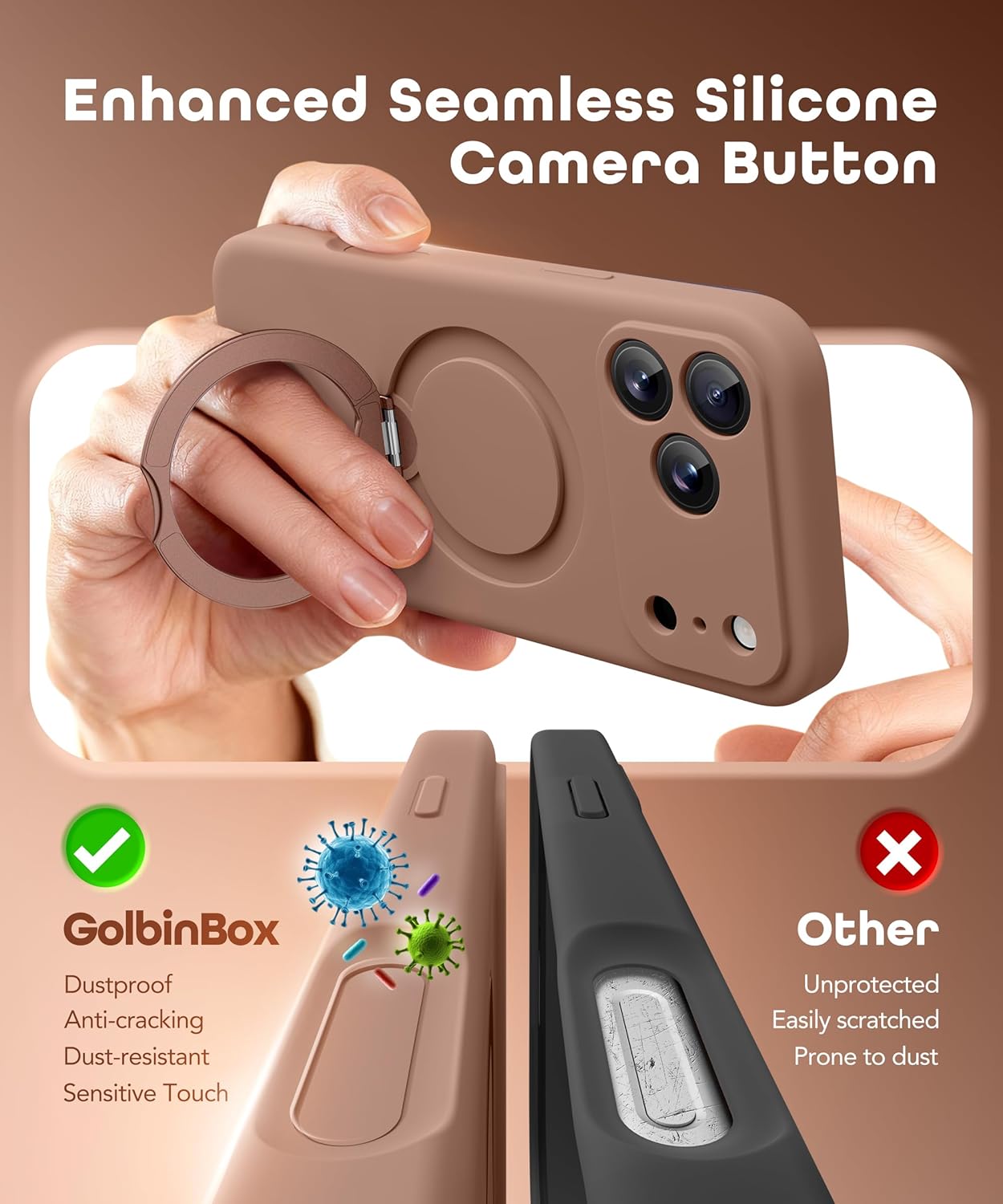 GolbinBox for iPhone 17 Pro Max Case with 360° Spin Magnetic Stand, [Compatible with MagSafe] [Full Camera Protection], Shockproof Liquid Silicone Case with Ring Kickstand for 17 Pro Max 6.9'', Brown - Image 6