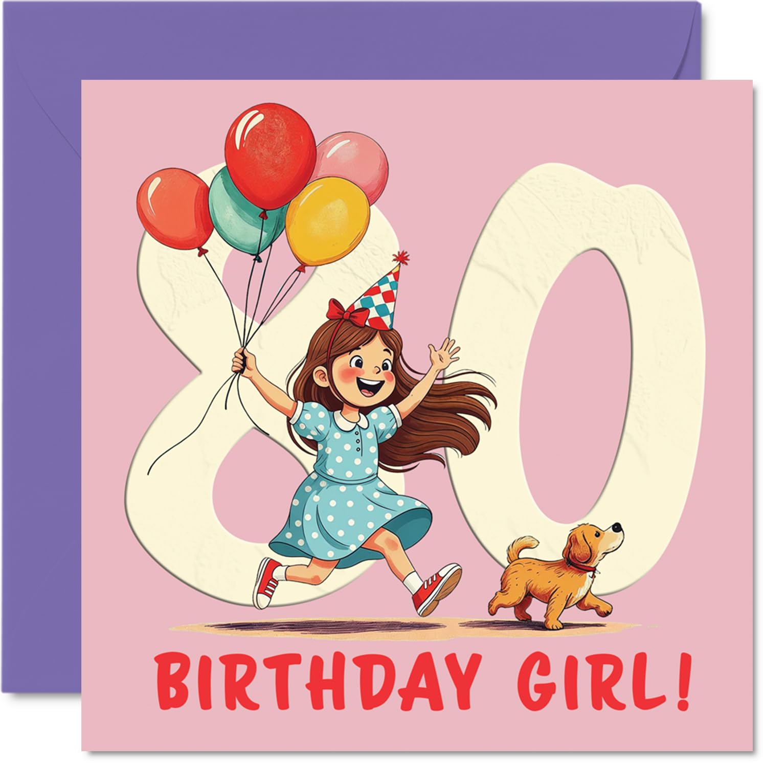 80th Birthday Cards for Women - Balloon Girl - Happy Birthday Card for 80 Year Old Woman Granny Nan Nanny Nana, 145mm Bday Greeting Cards