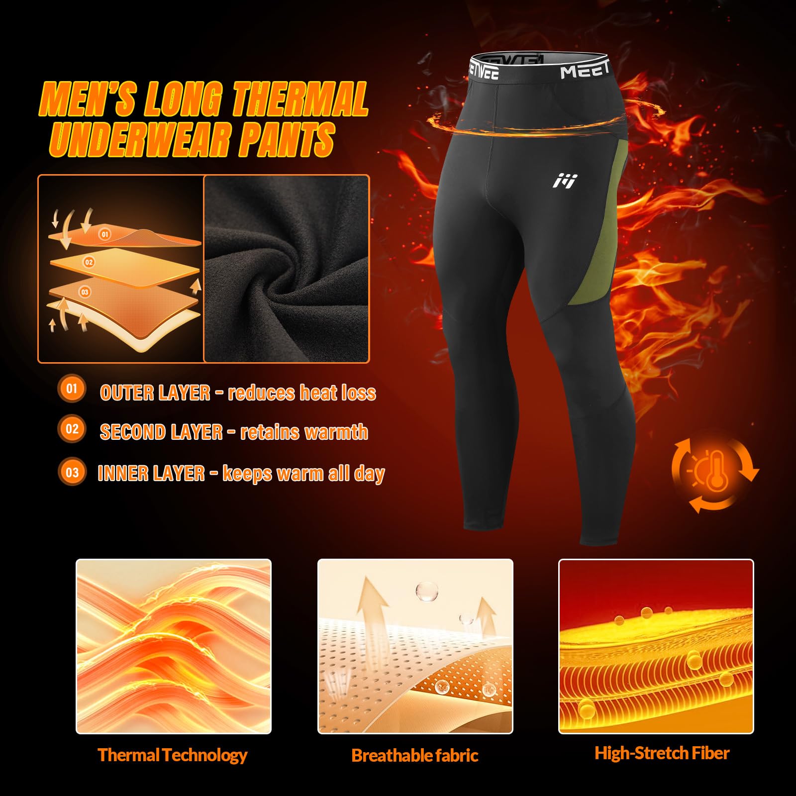 MEETWEE Pantalon Thermique Homme sous-vêtement Hiver Doublé Polaire Base Layer pour Ski et Randonnée