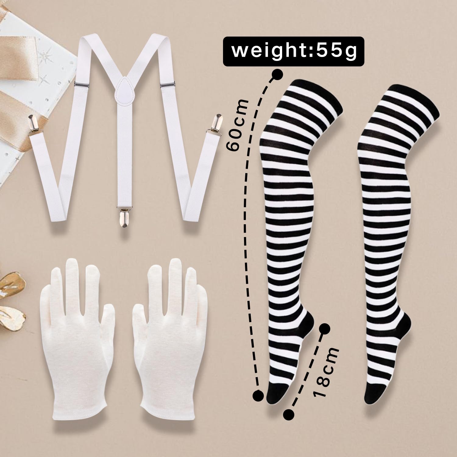 DVOFU 6Pieces Chocolate Worker Costume Set Wig Eyebrows Striped Tights Suspenders Orange Facepaint Gloves Adults World Book Day Dress Up for Women Men - Image 2