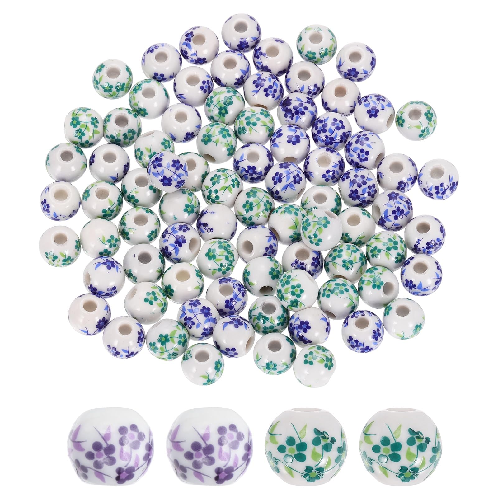 PATIKIL 80 Pcs Porcelain Beads, 10mm Printed Ceramic Beads Round Flower Beads Handmade Spacer Beads for Jewelry Making Earring Necklace DIY Crafts, Green/Purple
