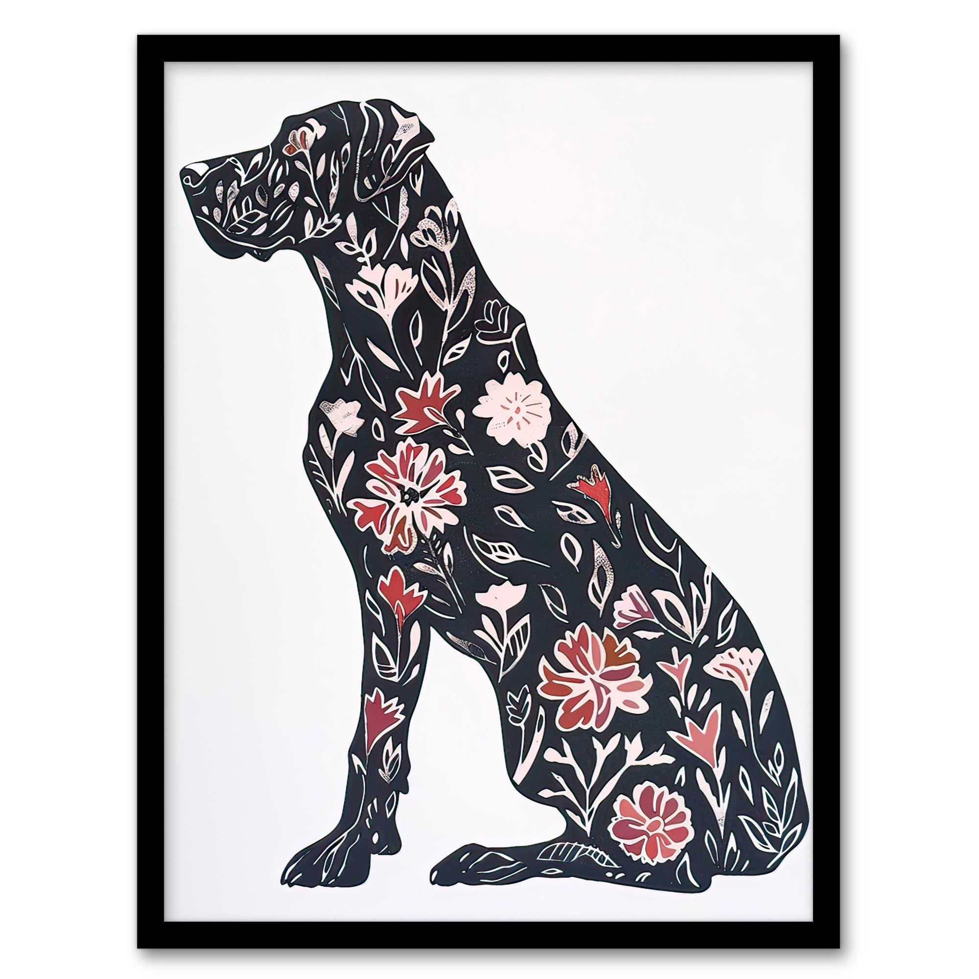 Artery8 Elegant Flower Pattern Great Dane Dog Lover Living Room Artwork Framed Wall Art Print A4