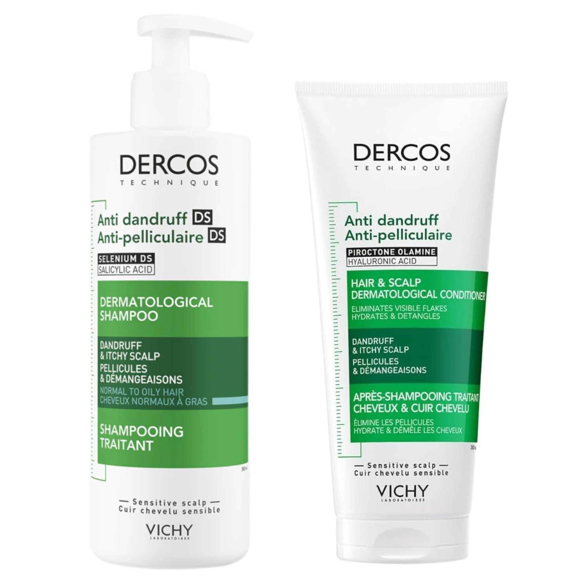 Vichy Dercos Duo Pack - Shampooing Antipelliculaire pour Cheveux Normaux à Gras 390ml + Après-Shampooing Cuir Chevelu 200ml - Soin Purifiant - Testé Dermatologiquement