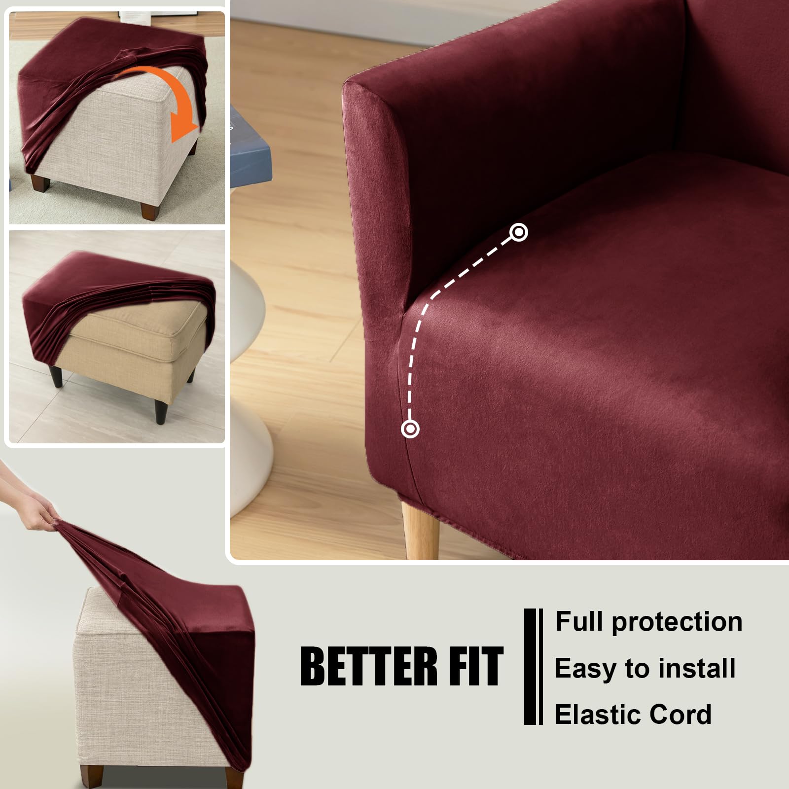 Copripoltrona In Velluto Elasticizzato - Set Con Cuscino, Wine Red, Per Poltrona E Ottomano