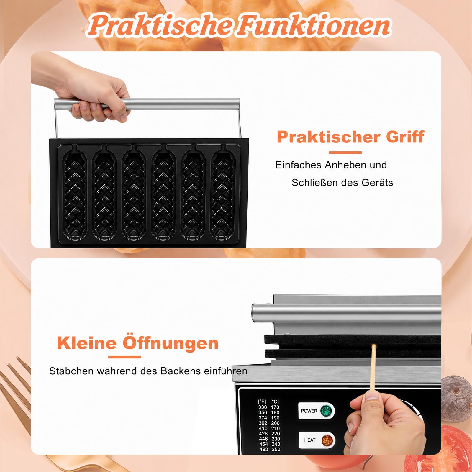 Waffeleosen, 1500W Edelstahl Waffeleisen 6 Waffeln waffeleisen am stiel Antihaftbeschichtung Waffeln Am Stiel Waffelsticks Corn Dogs für Waffeln Am Stiel Waffle Bäckereien, Restaurants