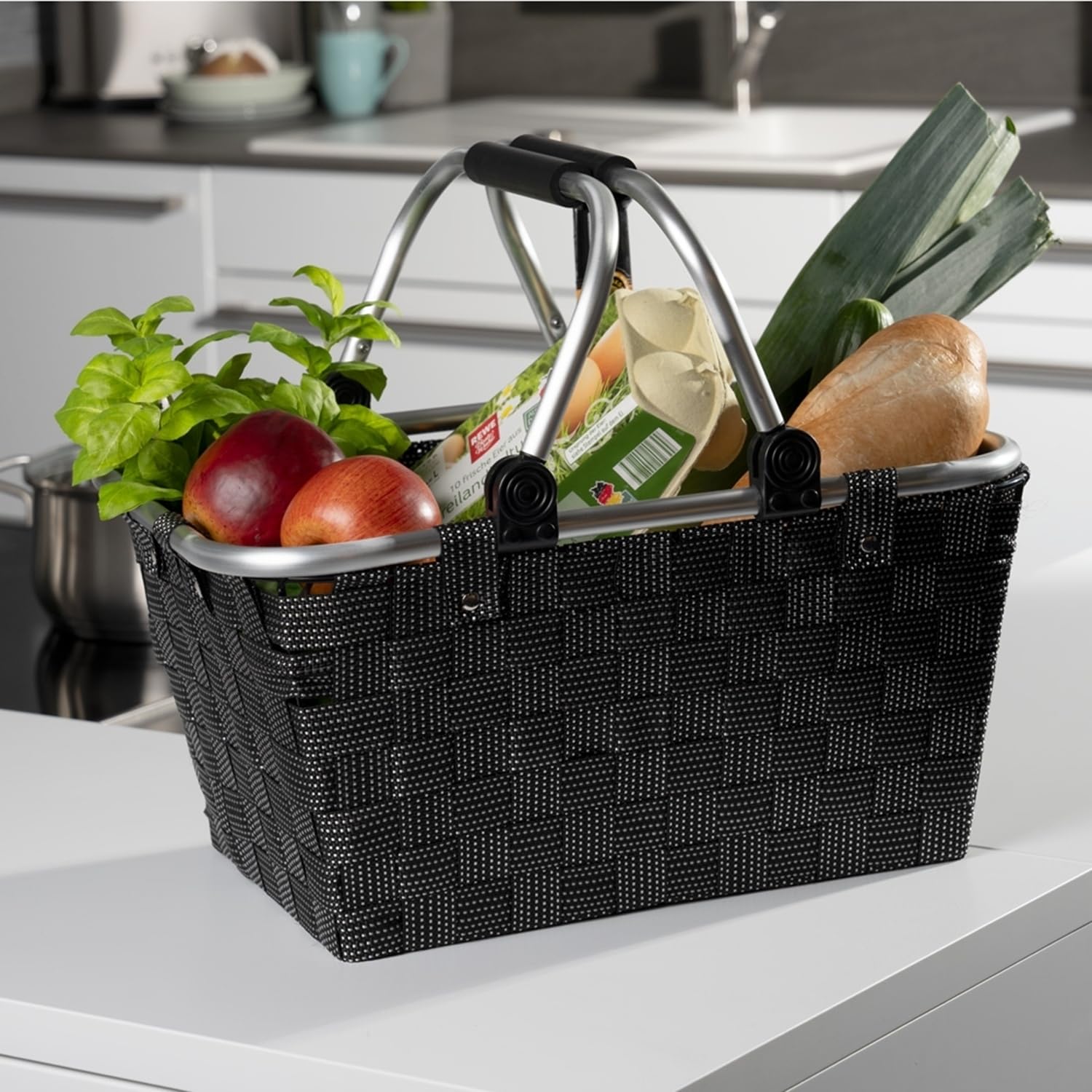 Einkaufskörbe 4er Set mit Griffen - 40 x 19,5 x 30 cm - Schwarz - Kunststoff - Einkaufstasche Tragekorb Flechtkorb