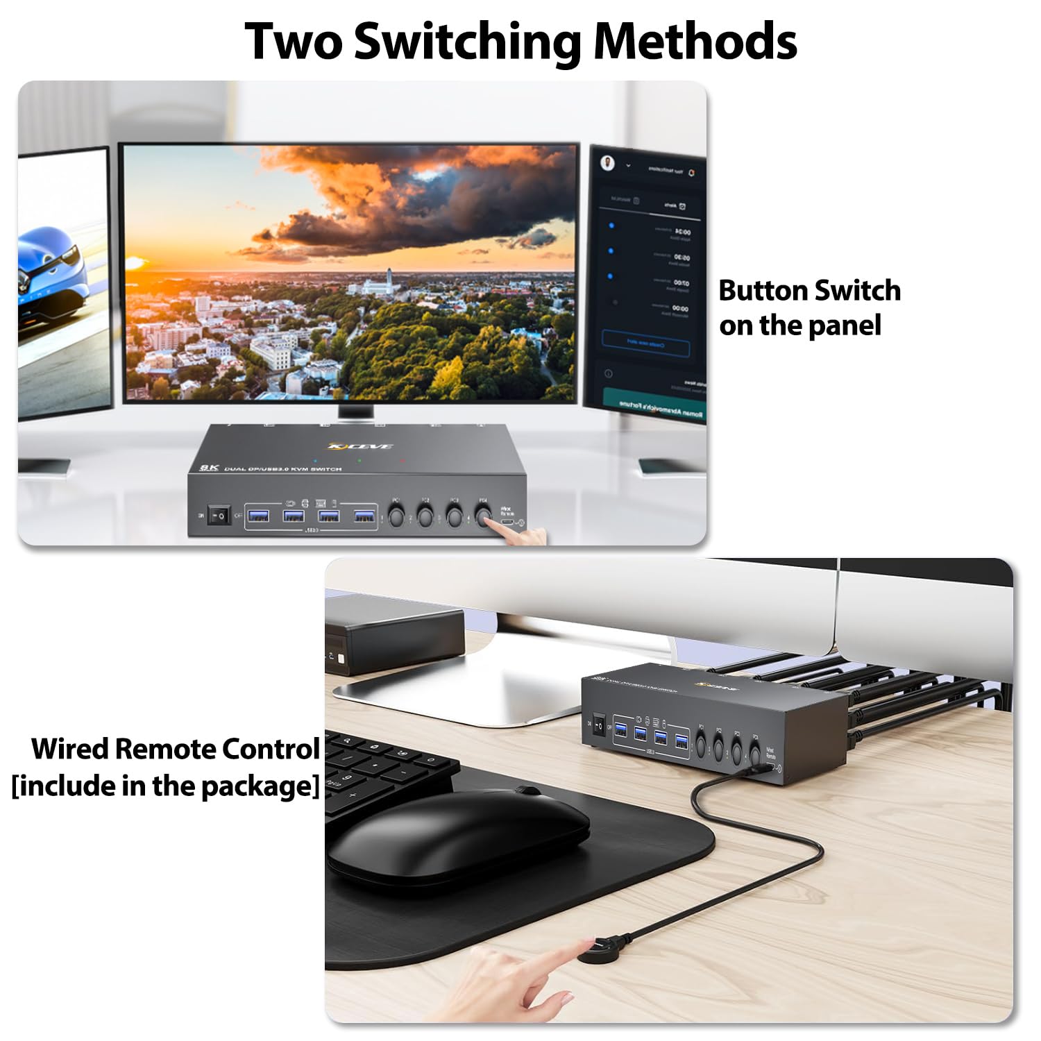 KVM Switch 2 Monitores 4 PC, USB 3.0 Displayport + HDMI KVM Conmutador para dos monitores, Soporta 8K@30, 4K144, 4K60Hz para 4 ordenadores que comparten 2 monitores, teclado y ratón