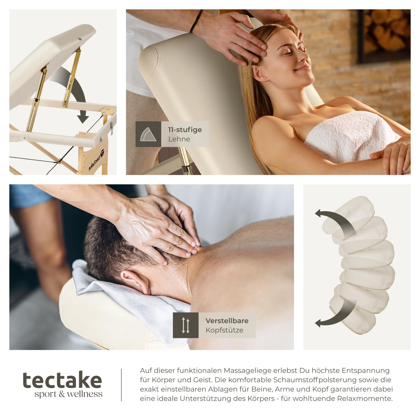 tectake® Mobile Massageliege mit 3 Zonen, klappbar, mit 7,5 cm Polsterung, bis 250 kg belastbar, Massagebank mit Zubehör Tasche, Voll- und Halbrolle, mobiles Möbel für Massage - beige