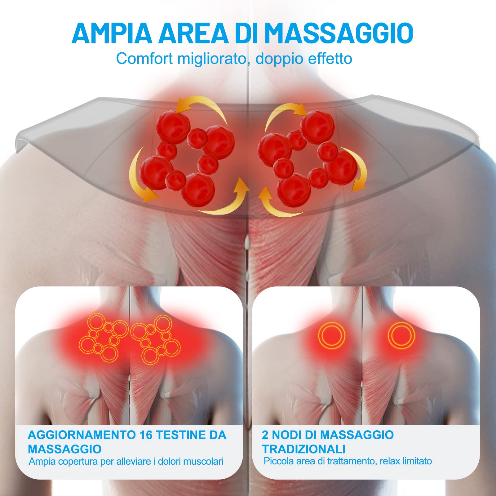 TAKRINK Massaggiatore Cervicale Riscaldato Massaggiatore Schiena 16 Palline Massaggio e 3 Velocità Regolabili Massaggio Shiatsu Elettrico Profondo Cavo di Alimentazione 1.8 m Cavo di Auto 1.2 m