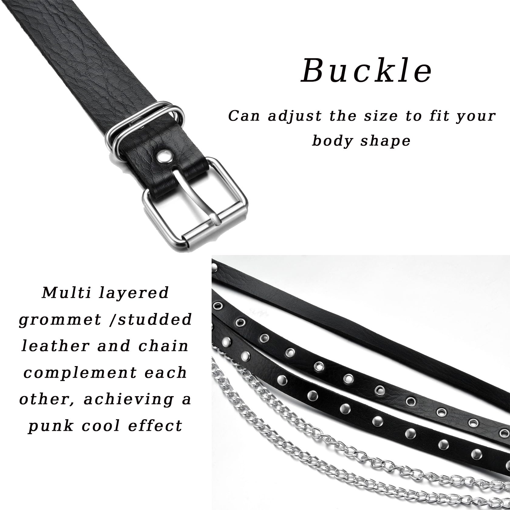 MILAKOO Women's Body Chain Belt Leather Gothic Punk Waist Black Chains Belt Adjustable: Length:38.5"