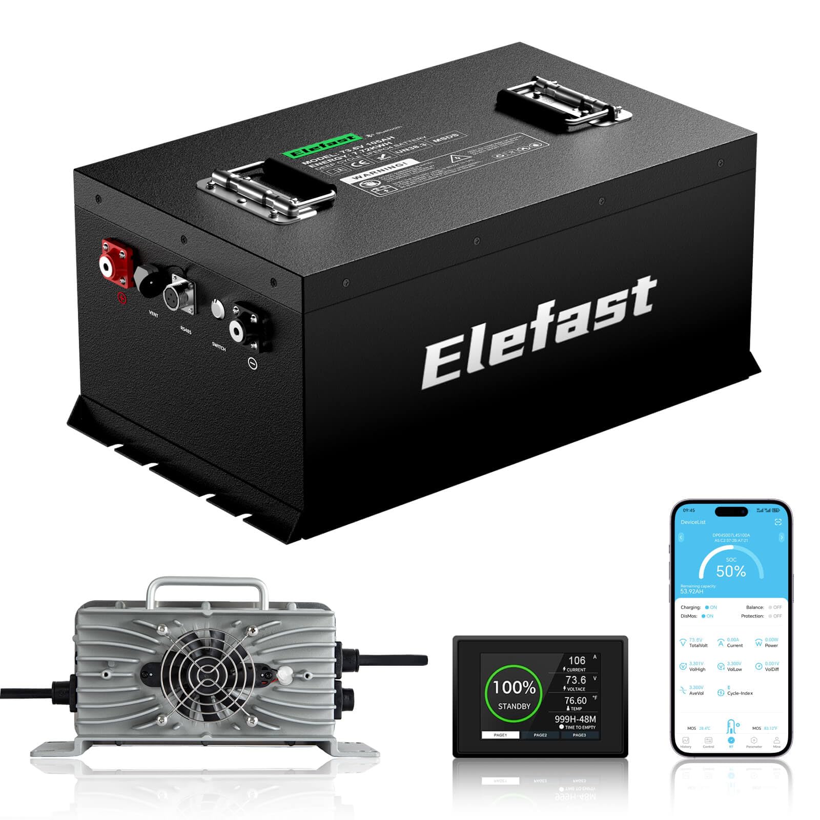 72V (73.6V) 105AH Lithium Golf Cart Battery, Supports 3C Discharge,Built-in 200A BMS and BlueTooth, Equipped with 83.9V 15A Fast Charger and LCD Touch