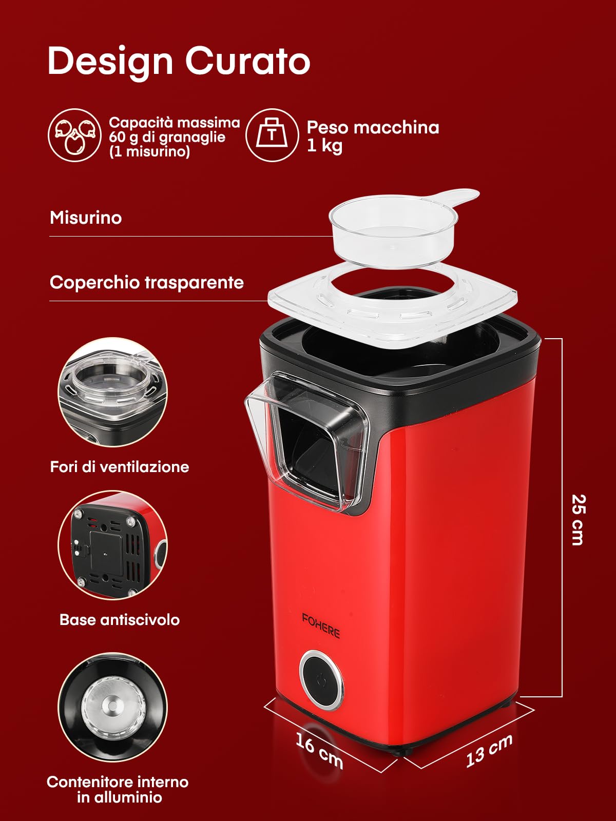 FOHERE Macchina Popcorn, 1100W Macchina per Pop Corn Dotato di Misurino e Coperchio Trasparente, Senza Grassi Né Oli, Gustoso e Salutare, Ideale per Serate Cinematografiche e il Natale