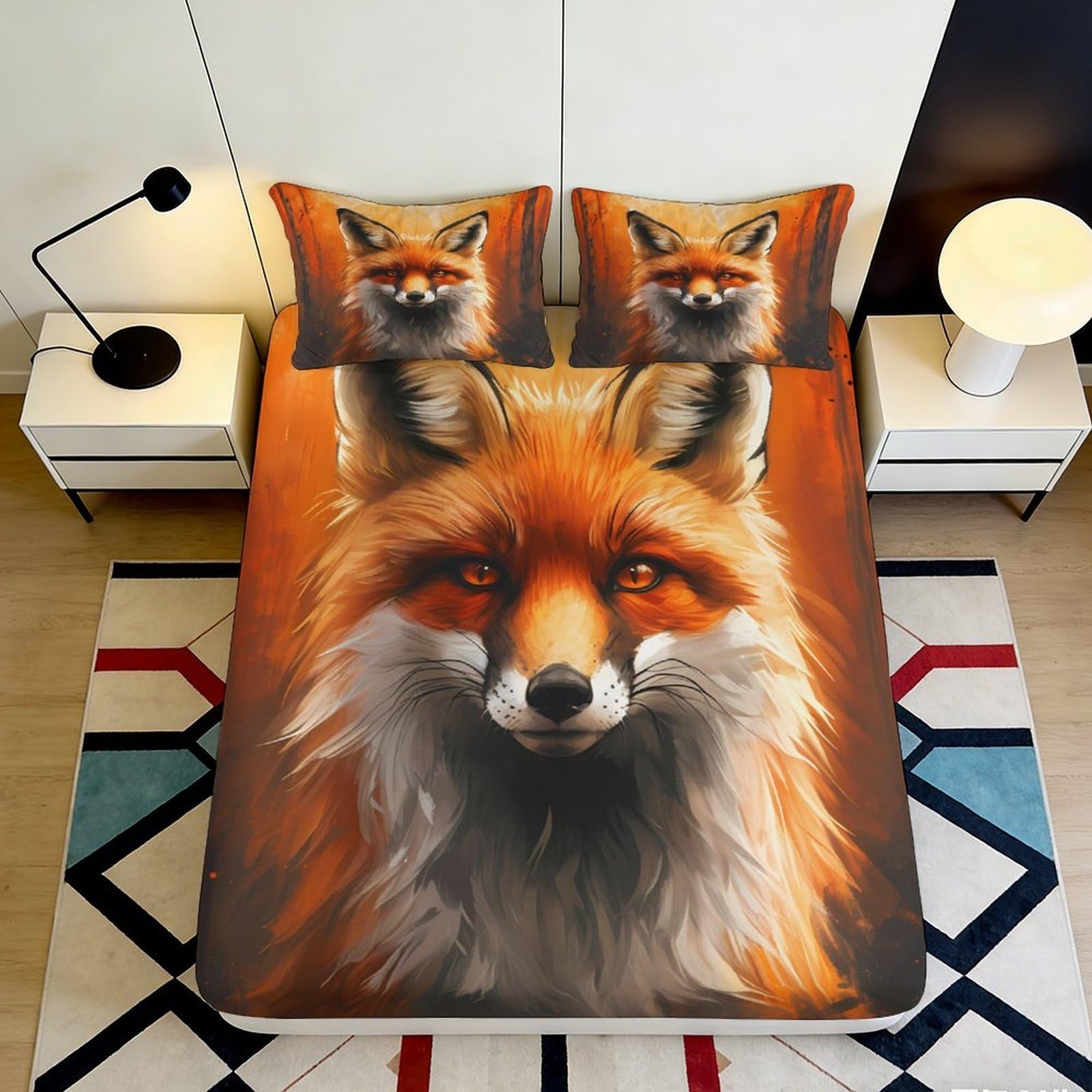 3D Printed Fox Forest Fitted Sheet Microfiber Orange Bed Cover Non-slip Washable Bedroom Guest Decor 120x200x25cm