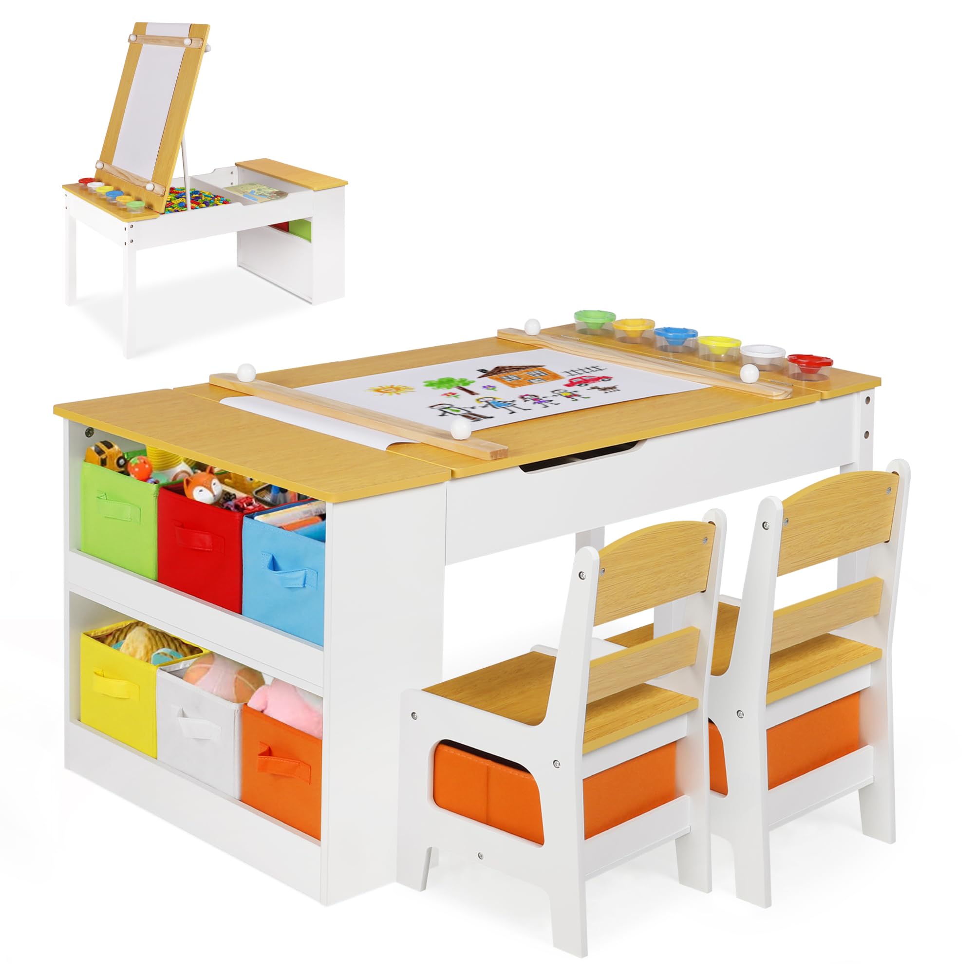 ROCSUMOO Kinder-Kunsttisch-Set mit 2 Stühlen - Holzerner Aktivitätstisch für Kleinkinder mit Verstellbarer Tischplatte, Farbpigment-Eimer und 8 Stoff-Aufbewahrungsboxen (Natürlich)