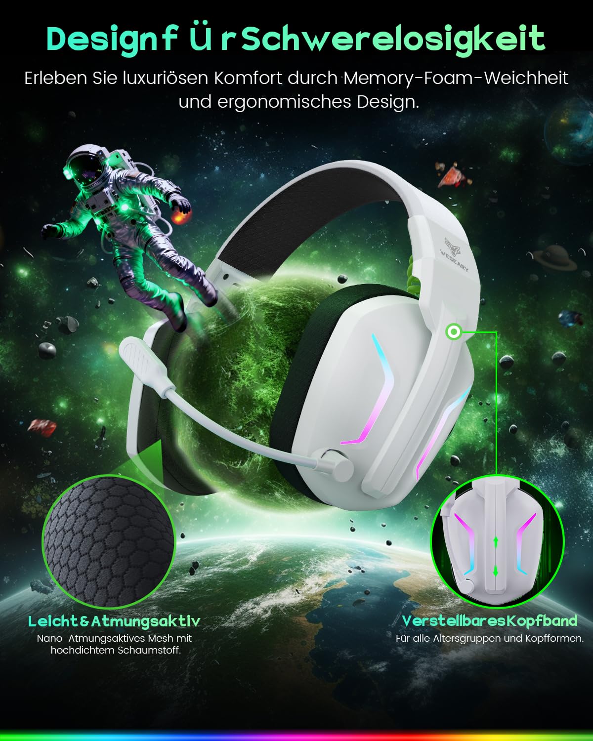 WESEARY Gaming Headset Wireless mit Mikrofon für PS5, PS4, PC, Switch, Handy, Mac, Laptop, 2,4 GHz & Bluetooth Kopfhörer mit Noise Cancelling Mikrofon, 60H Akku, LED-Licht, Faltbar, Surround Sound | 2,4 GHz & Bluetooth, Noise-Cancelling-Mikrofon, 60H Akku