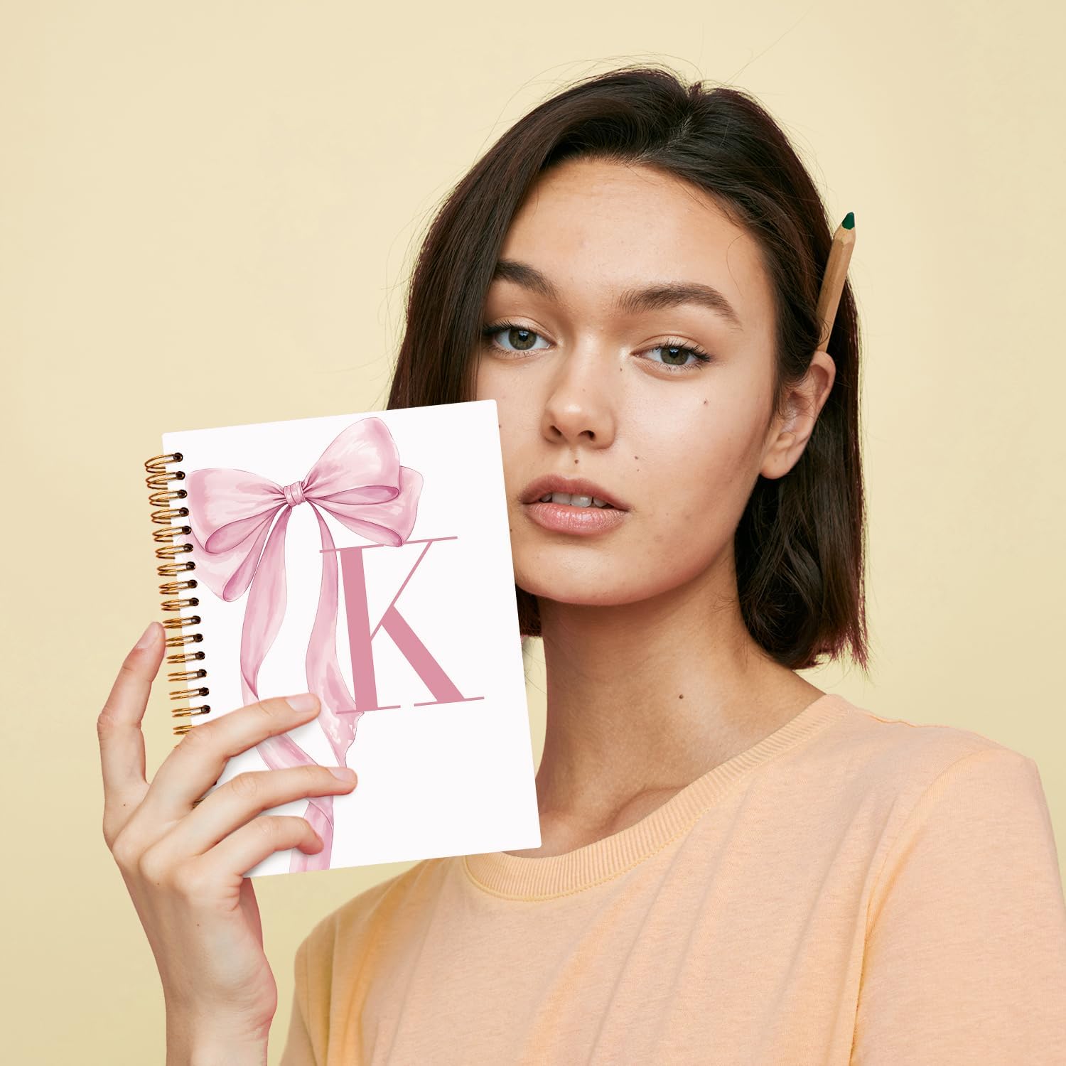 JXREQ Coquette Pink Bow Personalized Notebook, Initial Letter K Monogram Journal, Preppy Girly Ribbon Bow Journal, Monogrammed Gifts for Women, Aesthetic Spiral Notebook 5.5x8.3 - Image 4