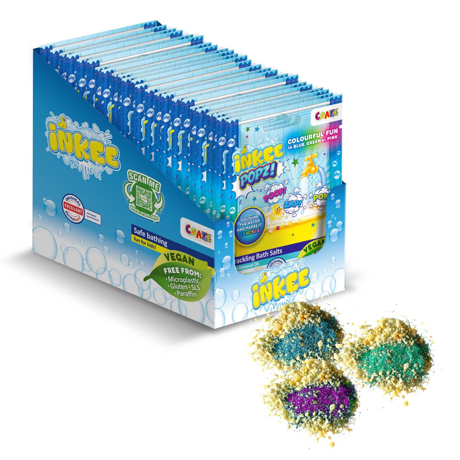 INKEE POPZ 24er Set | Knisterndes Badesalz Kinder - Bunter Badezusatz in pink, blau oder grün mit Mandelöl & Popcorn-Aroma, 24x 15g Beutel – Badespaß für Kinder
