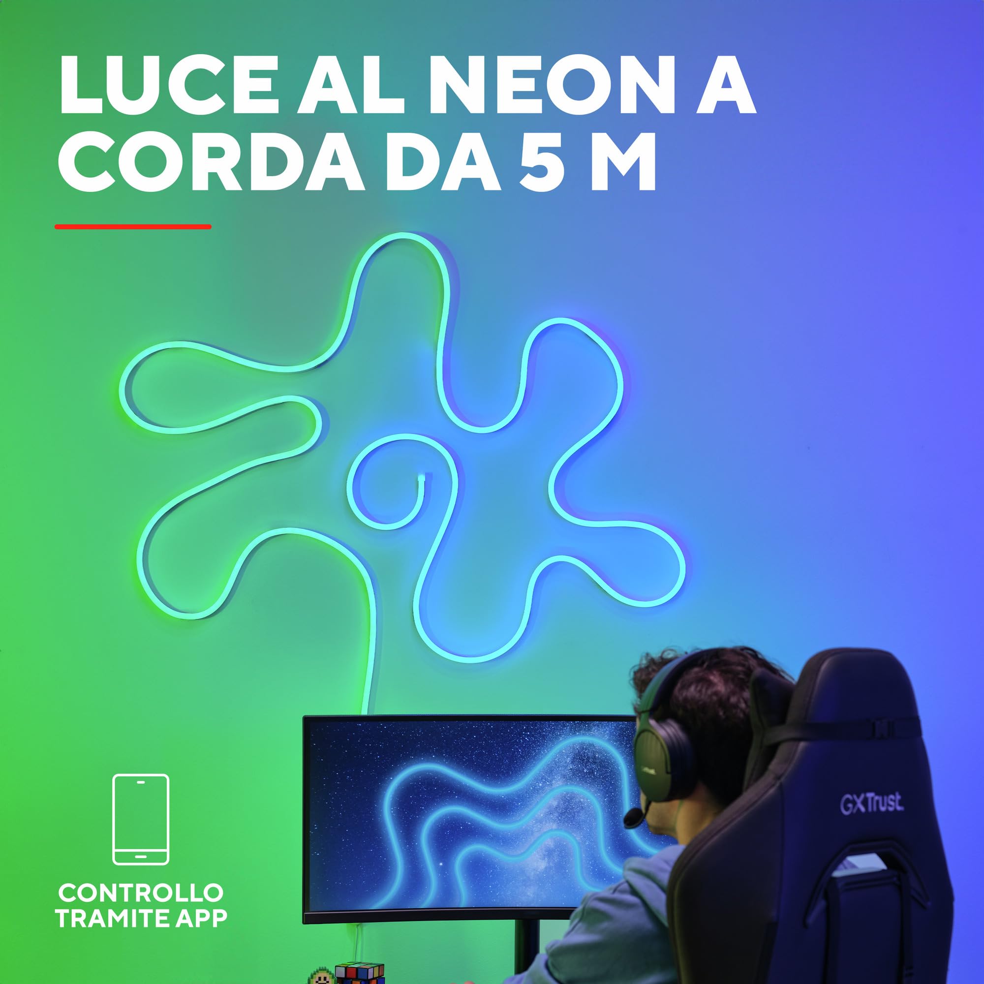 Trust Gaming GXT 904 Vybz Striscia Led Personalizzabile, Led Flessibile 5m con 44 Modalità Di Illuminazione, Sincronizzazione Musica, Applicazione, Neon LED RGB per Camera, Accessori Gaming Room