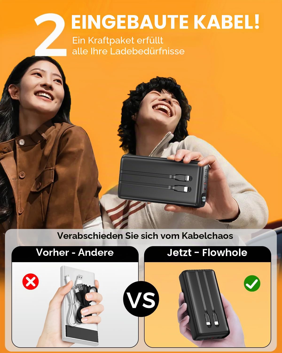 Powerbank 51000mAh, 22,5W Schnellladung Externer Akku mit integriertem USB-C und Lightning Kabel, LED Anzeige, 6 Ausgänge für iPhone 16 15 14, Huawei, iPad, Camping, Notfall
