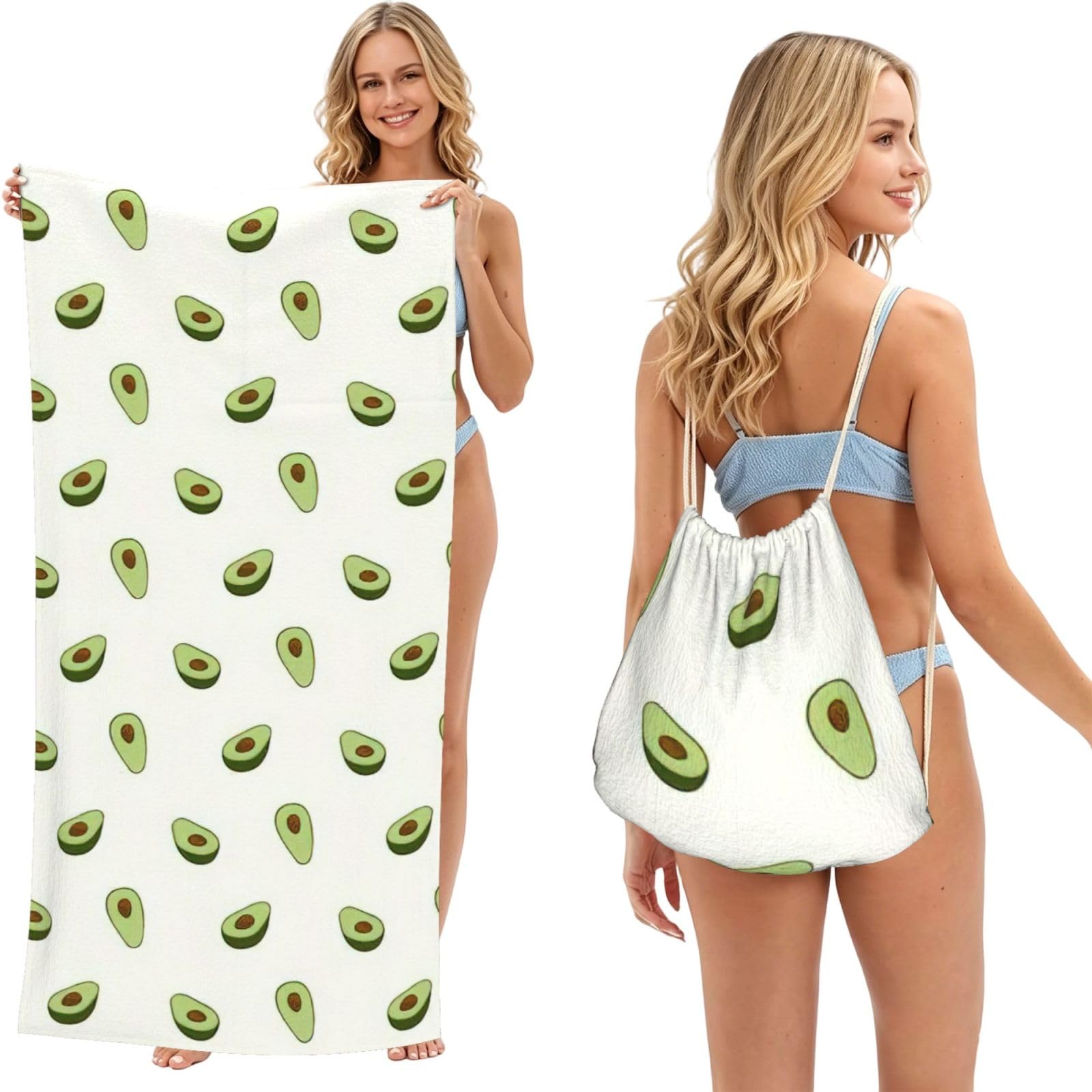 aacxzff Avocado Print 2 in 1 Packable Towel Bag, Drawstring Beach Towel Backpack,80x160cm for Beach trips