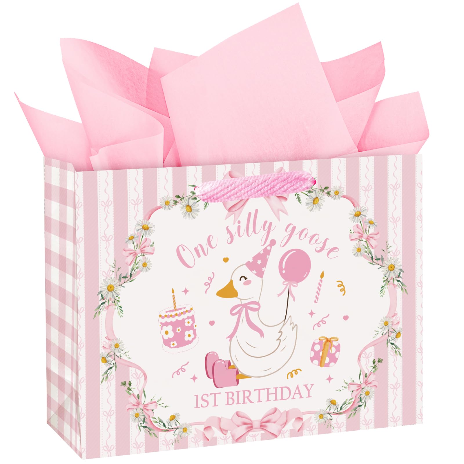 Loveinside 13" Large Silly Goose 1st Birthday Gift Bag with Tissue Paper - Pink One Silly Goose Paper Bags for Girls Birthday Baby Girl Shower and Party