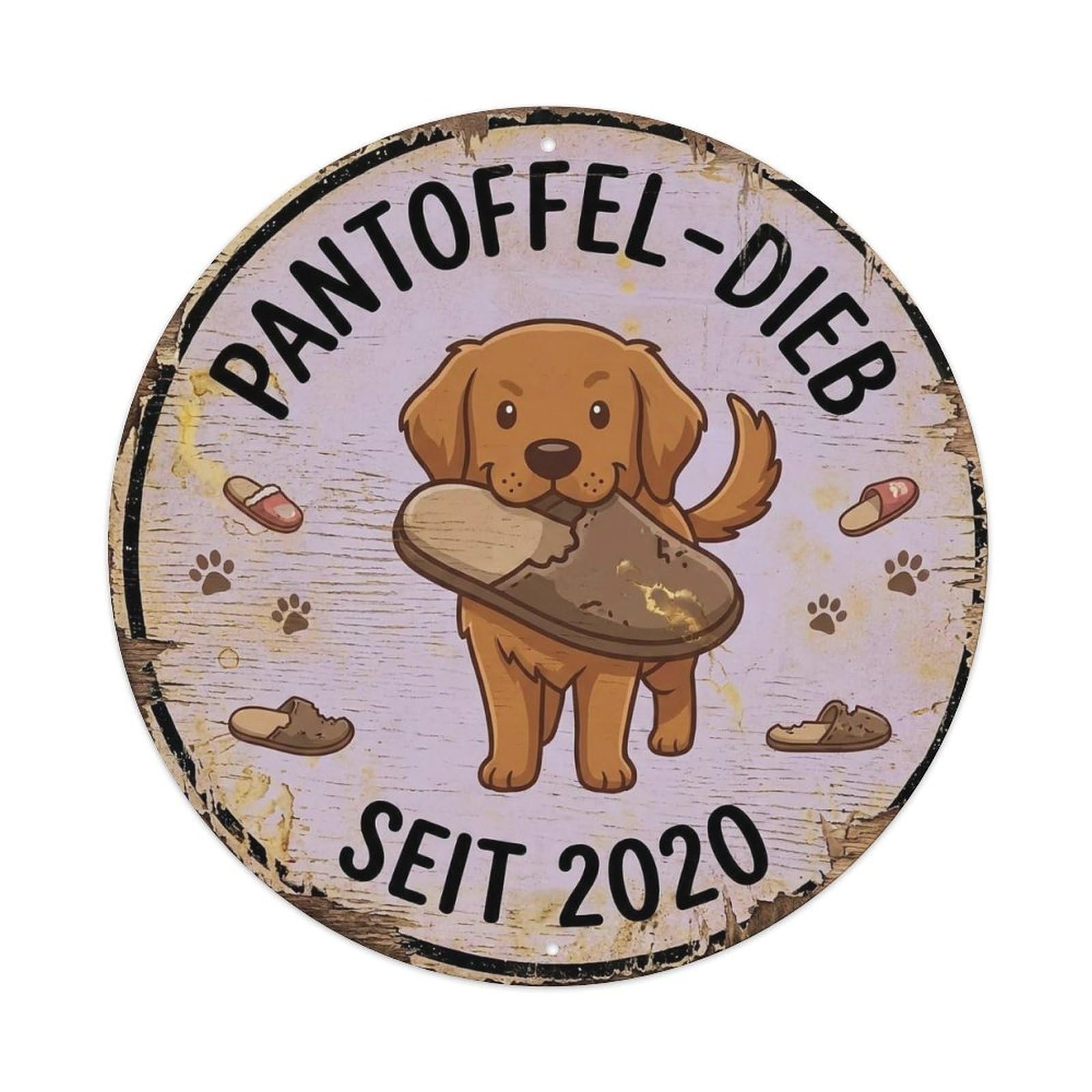 Dog Slipper Thief Round Wall Hanging Metal Tin Sign