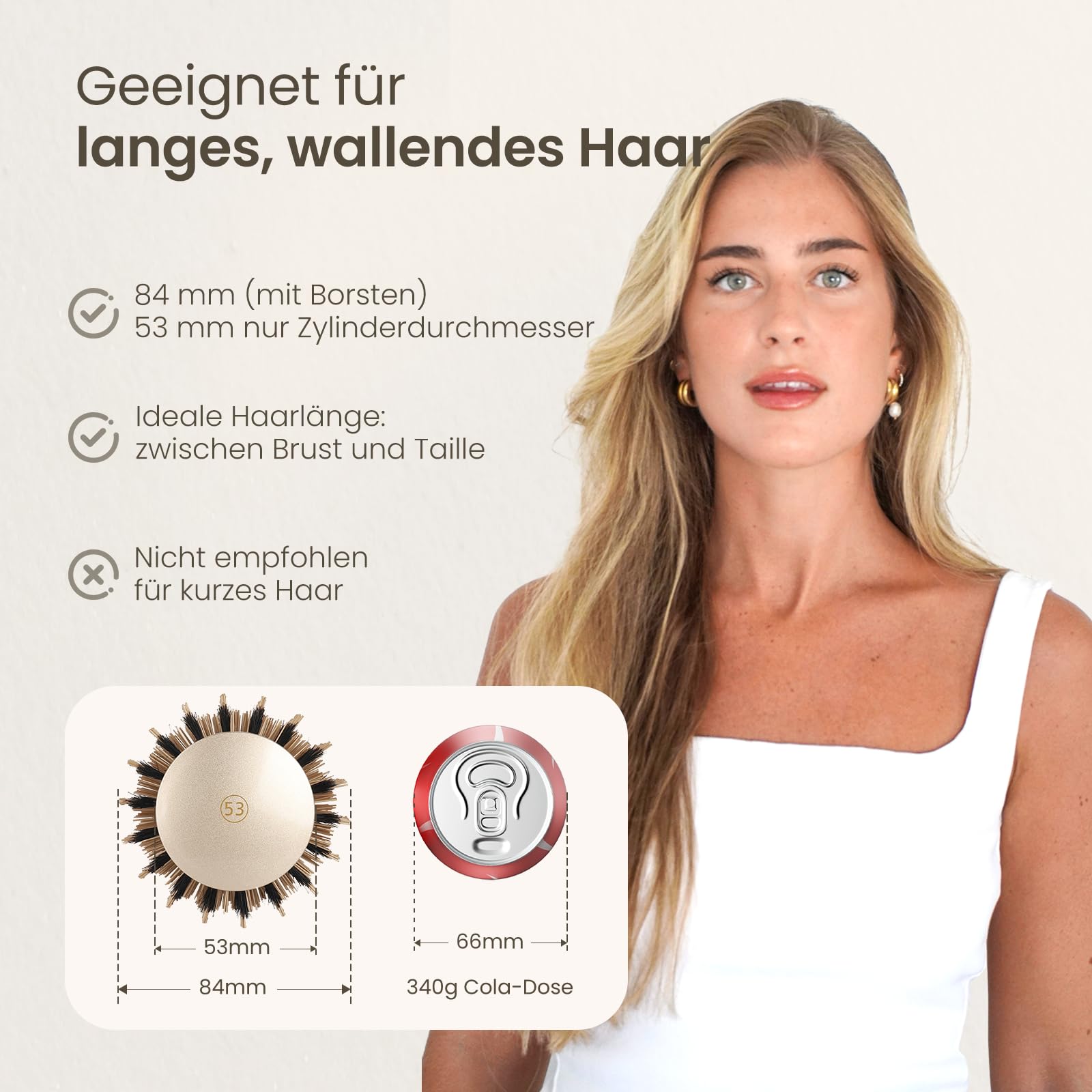 AIMIKE Grosse Rundbürste zum Föhnen für Lange Haare,Rundbürste Groß mit Wildschweinborsten und Rutschfestem Griff, Haarbürste Rund für das Trocknen der Haare, Glätte, Volumen und zum Glänzen-53MM