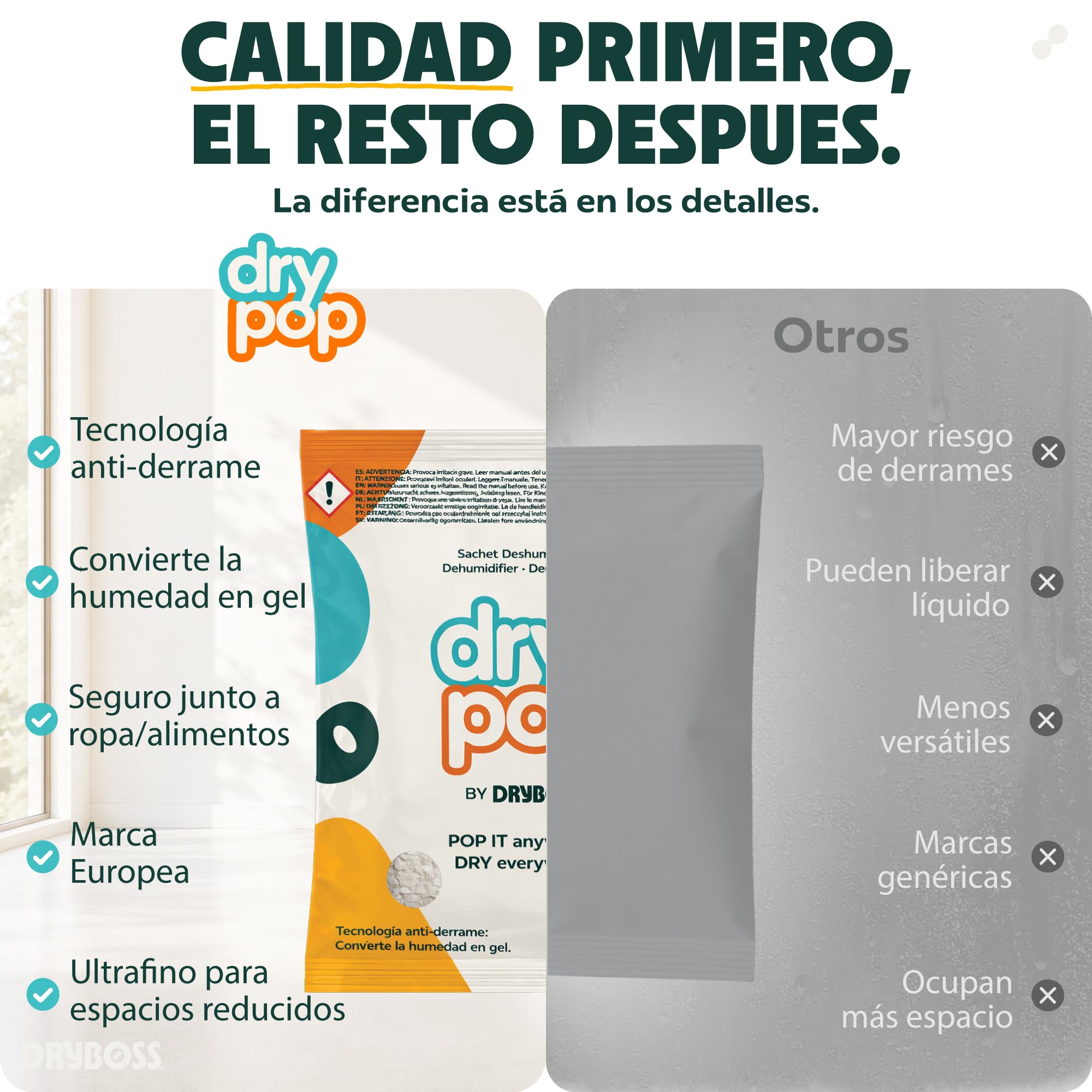 Pack 18 Sachets Antihumedad Cajones – Deshumidificador DRYPOP 20G | Absorbente de Humedad Seguro y Compacto para Cajones, Armarios, Trasteros, Baño, Coche, Cocina y Espacios Pequeños