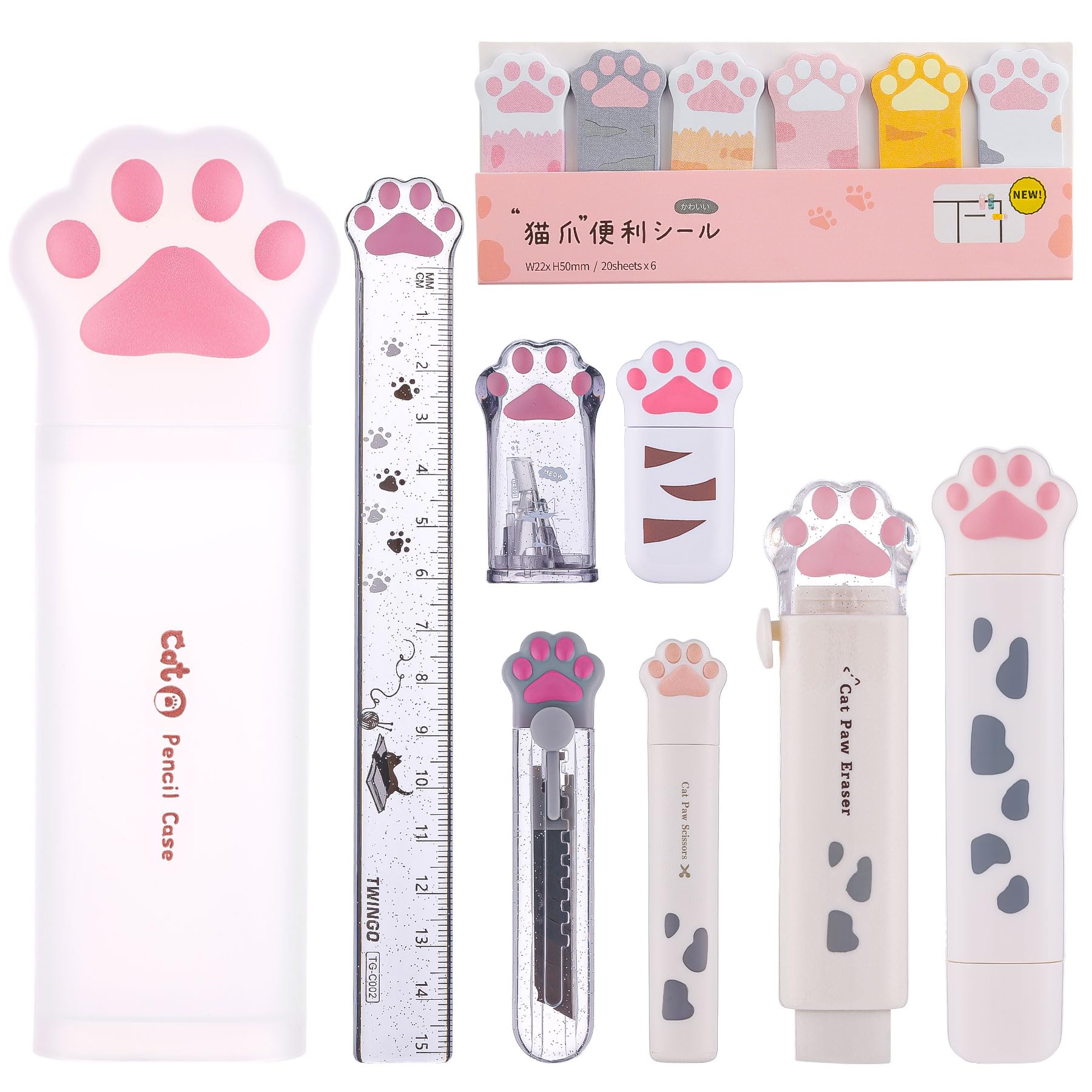 9 Pcs Cute Cat Paw Stationery Set Kawaii School Supplies Including Pencil Sharpener Retractable Eraser Correction Tape Sticky Notes Ruler Mini Scissors Utility Knife for Cat Lovers Students (White)