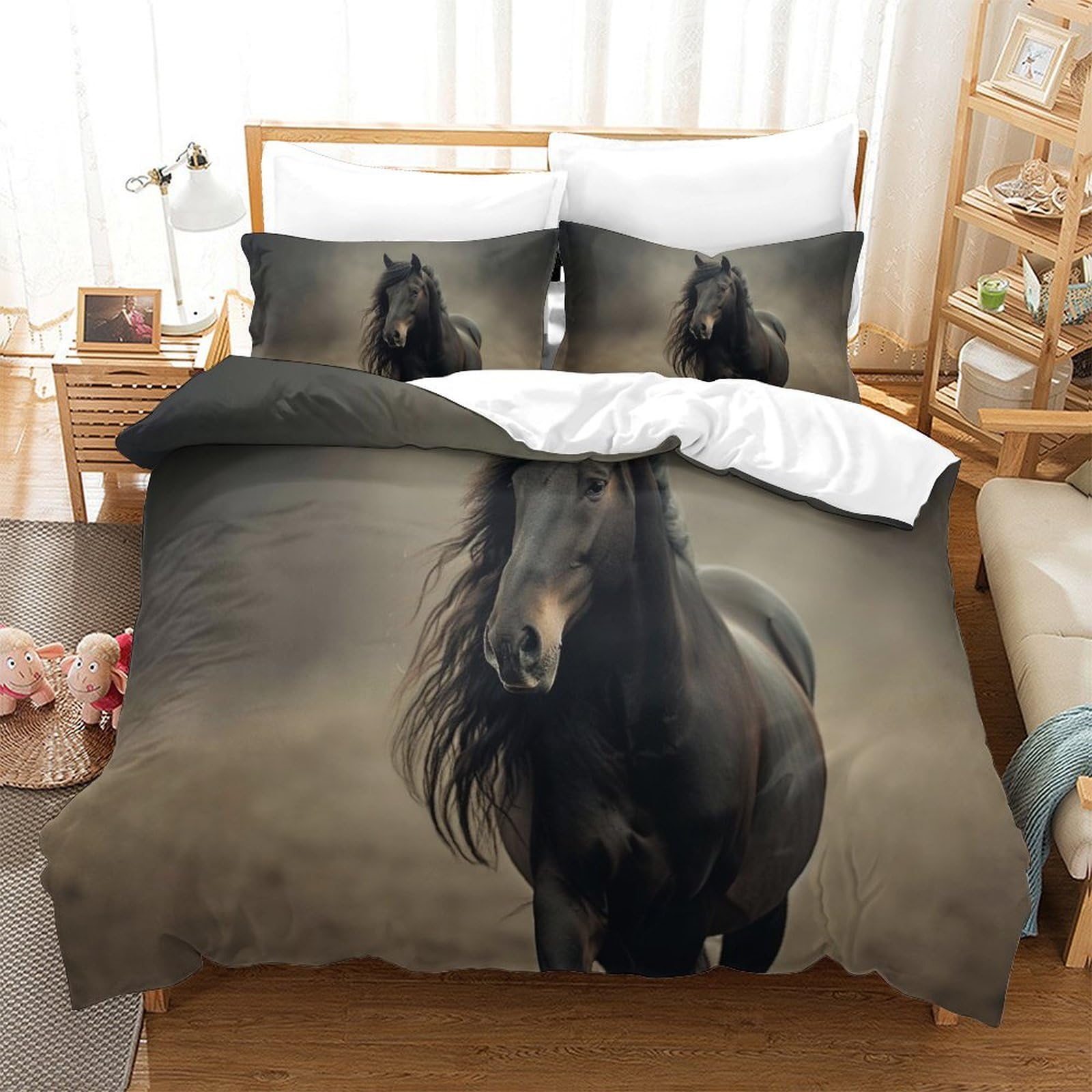 P1S9U7W5Y Wild Horse 3D Printed Microfiber Duvet Cover Set 3pcs Equestrian Bedding Set King（220x240cm）